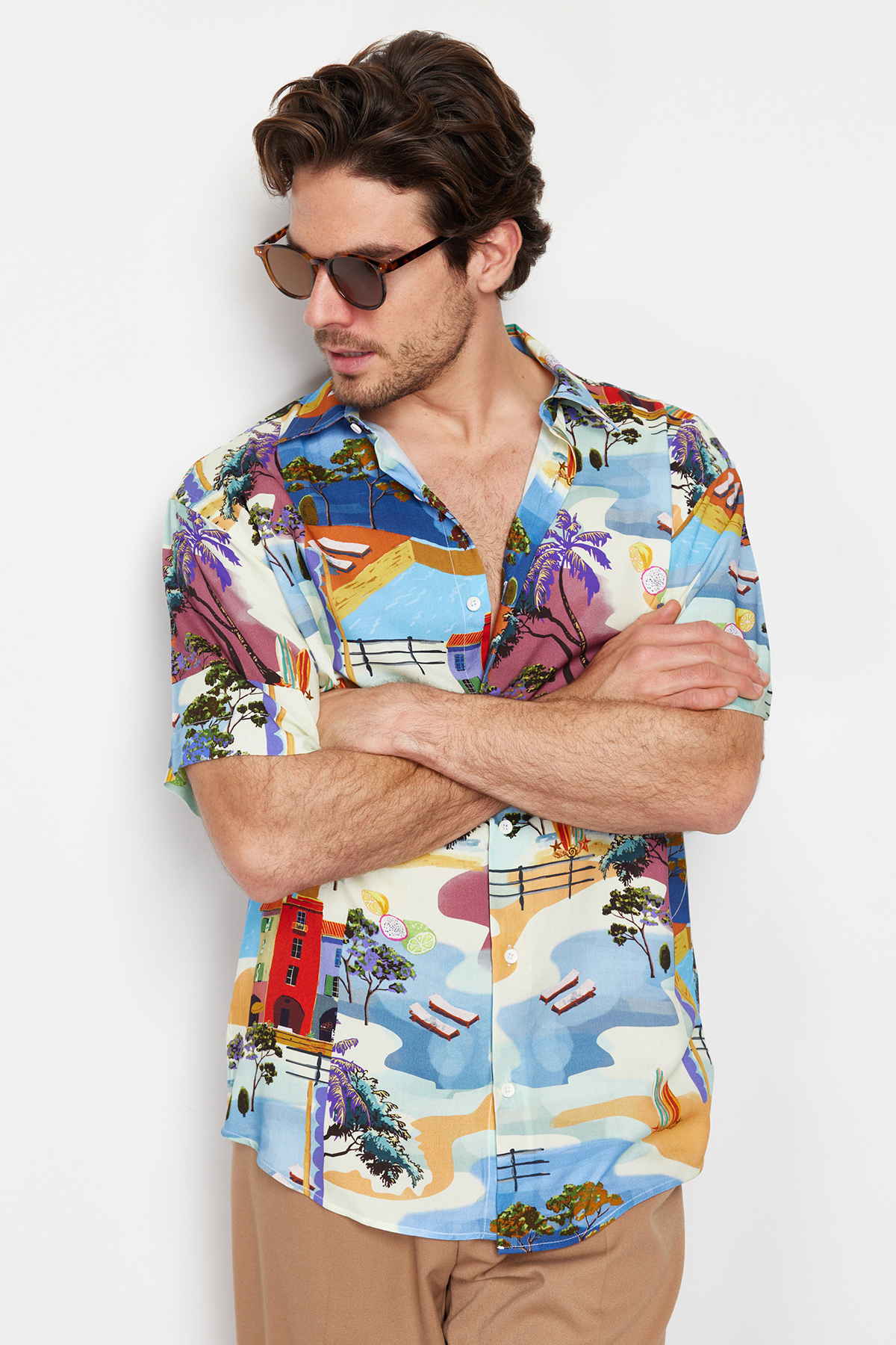 Trendyol Multicolor More Sustainable Oversize Fit 100% Viscose Printed Short Sleeve Casual Shirt