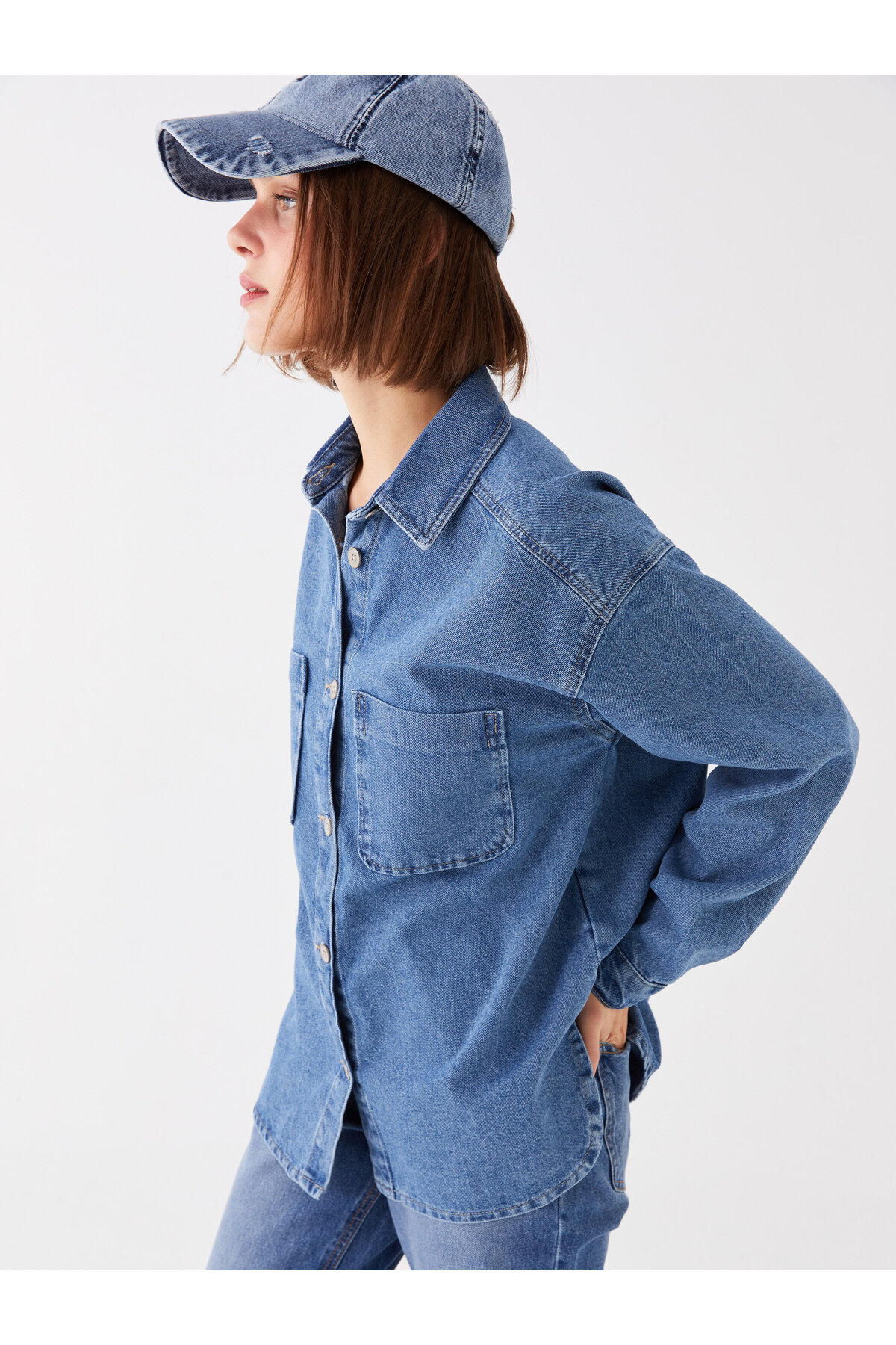 LC Waikiki Women's Straight Long Sleeve Oversize Jean Shirt Jacket
