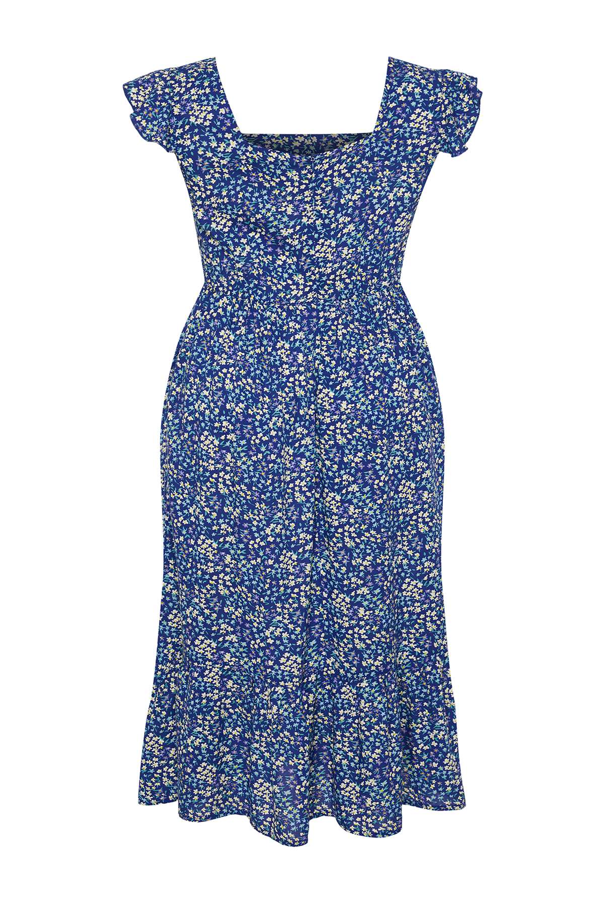 Trendyol Curve Navy Blue A-Line Midi Ruffled Floral Patterned Woven Dress
