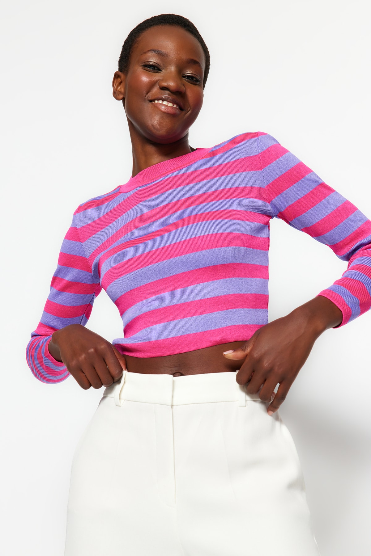 Trendyol Fuchsia Super Crop Striped Knitwear Sweater