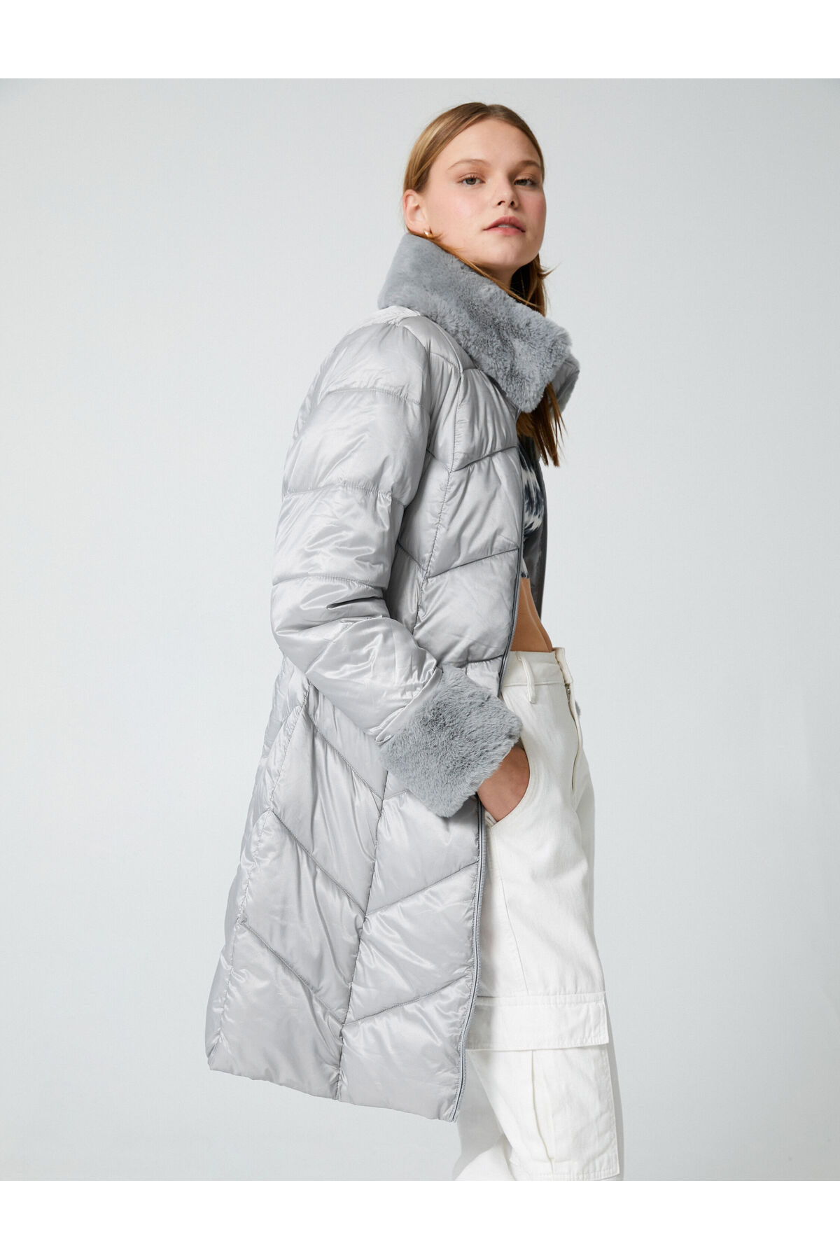 Koton Long Puffer Jacket with Belt, Faux Für Detail and Pockets