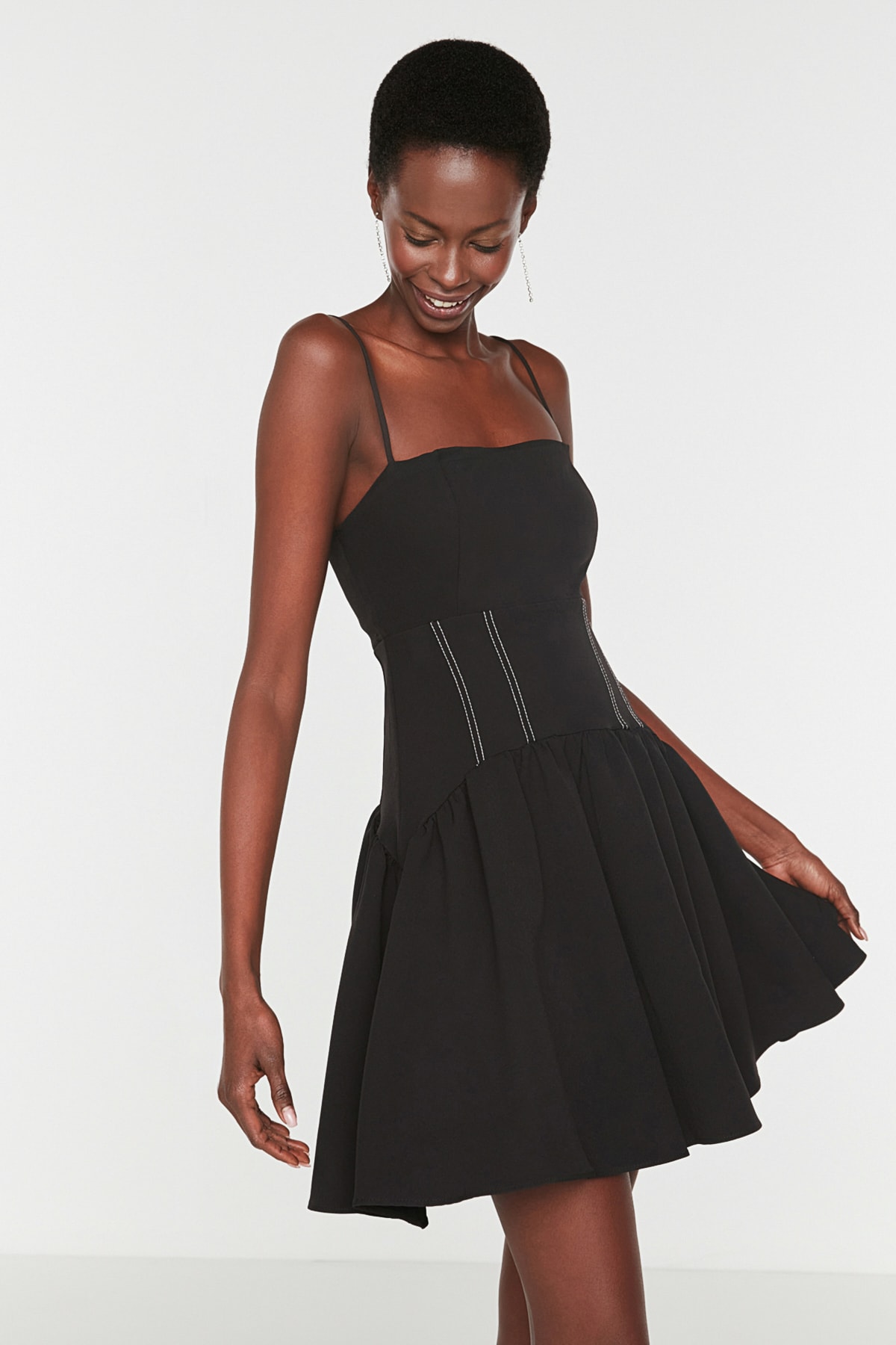 Levně Trendyol černé kontrastní prošívání Detailní šaty