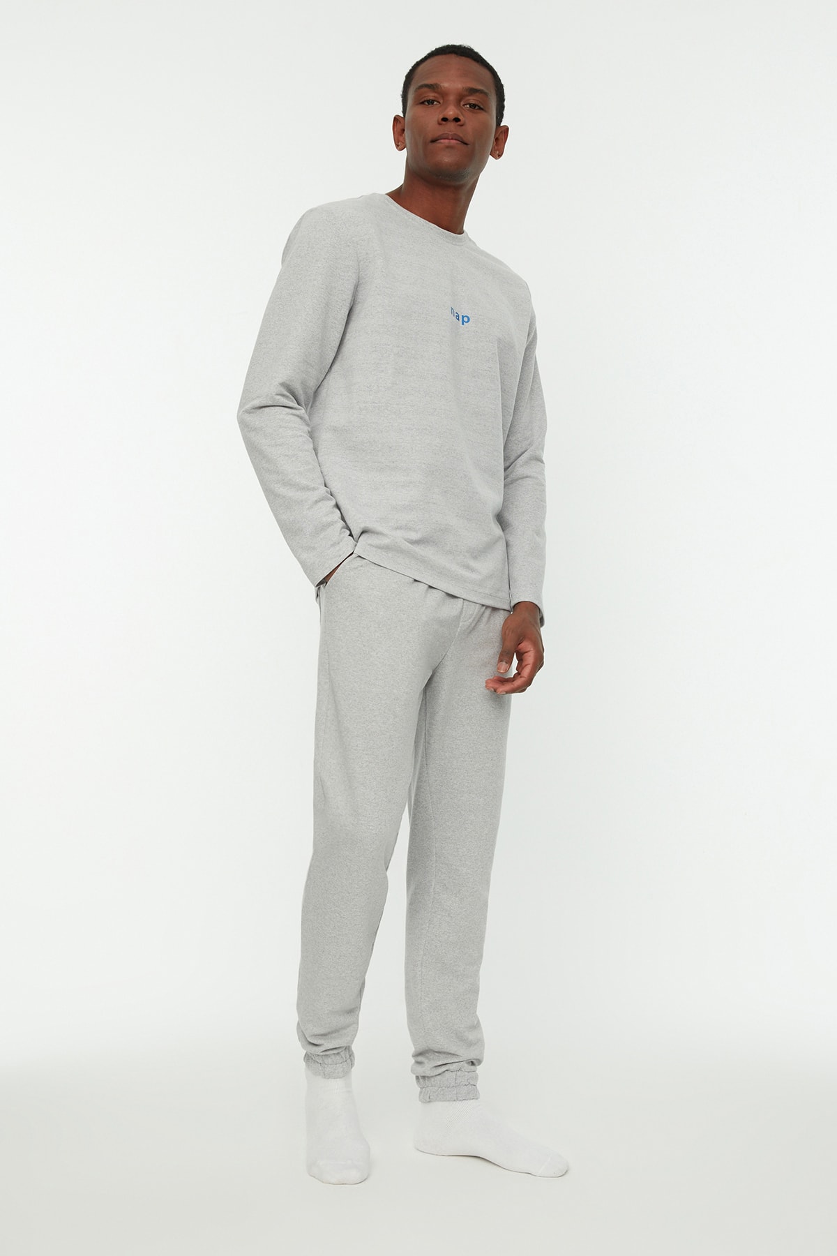 Levně Trendyol Gray Regular Fit Printed Knitted Pajamas Set