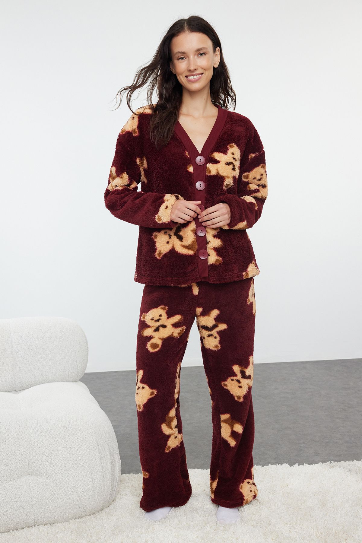 Trendyol Claret Red Teddy Bear Patterned Wellsoft Knitted Pajama Set