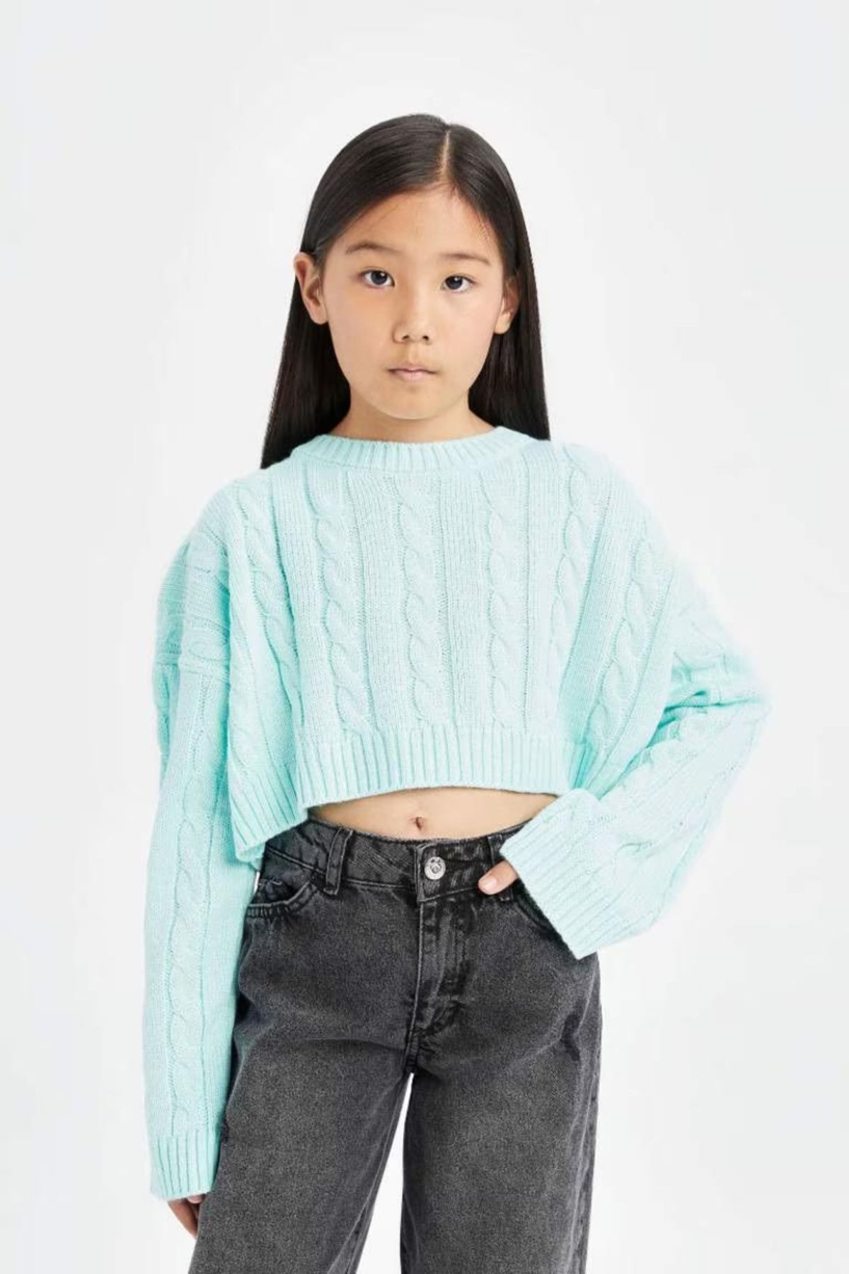 DEFACTO Girl Crop Crew Neck Hair Knitted Sweater