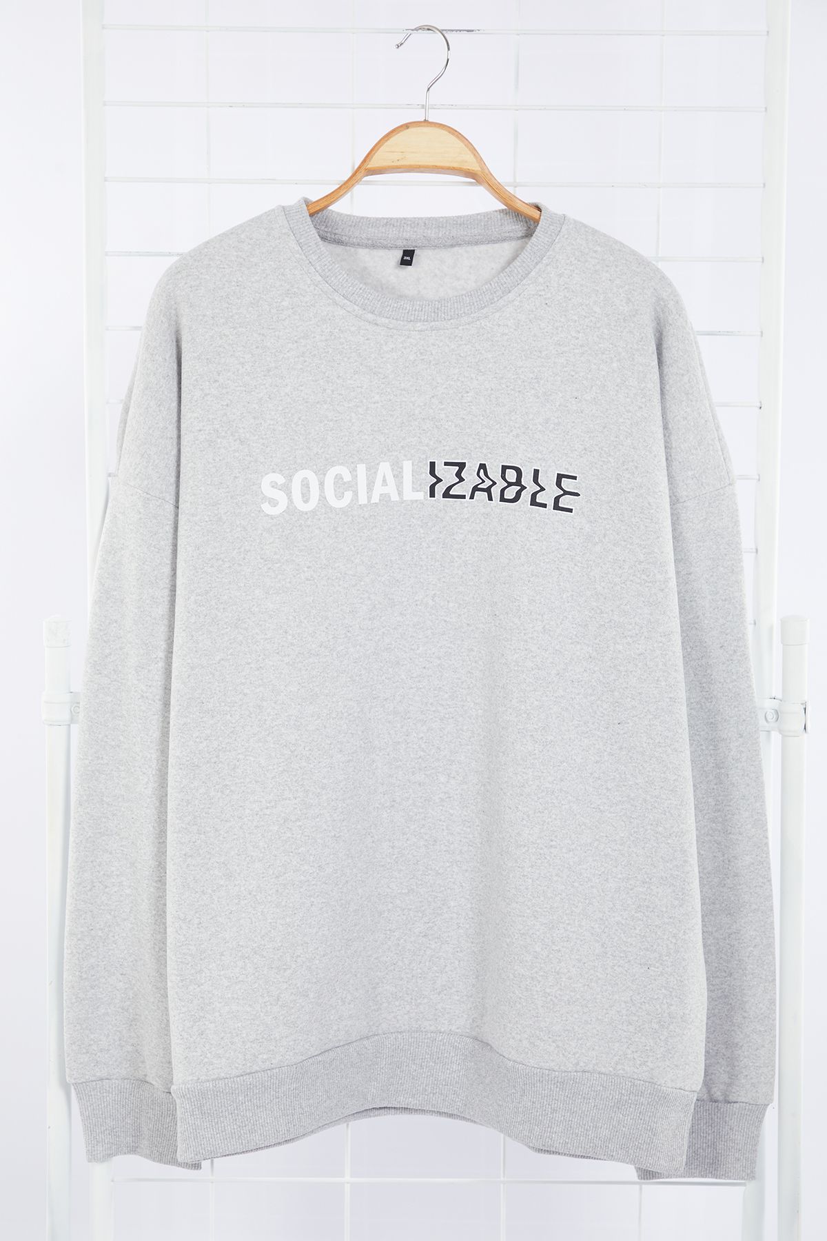 Trendyol Gray Oversize/Wide Cut Crew Neck Text Printed Plus Size Sweatshirt