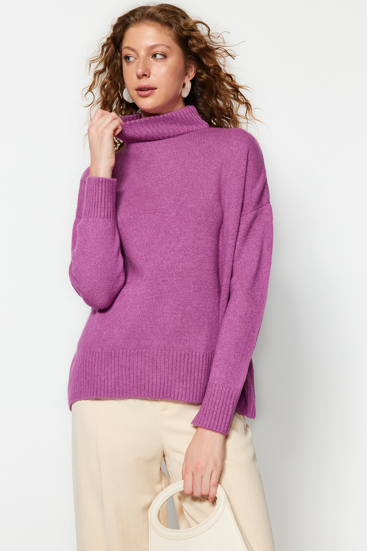 Trendyol Purple Wide Fit Soft Textured High Neck Knitwear Sweater