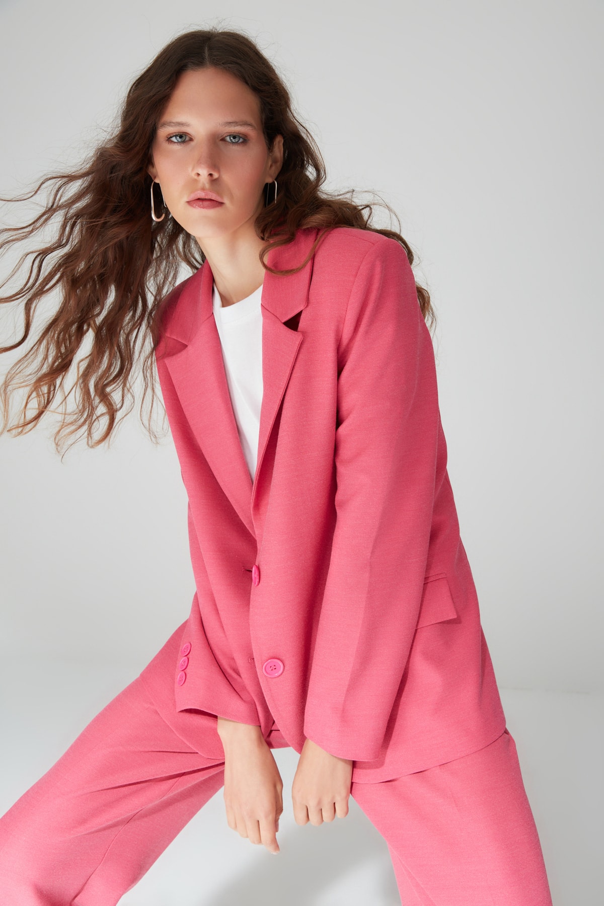 Levně Trendyol Limited Edition Fuchsia Oversized Woven Lined Double Breasted Blazer with Closure