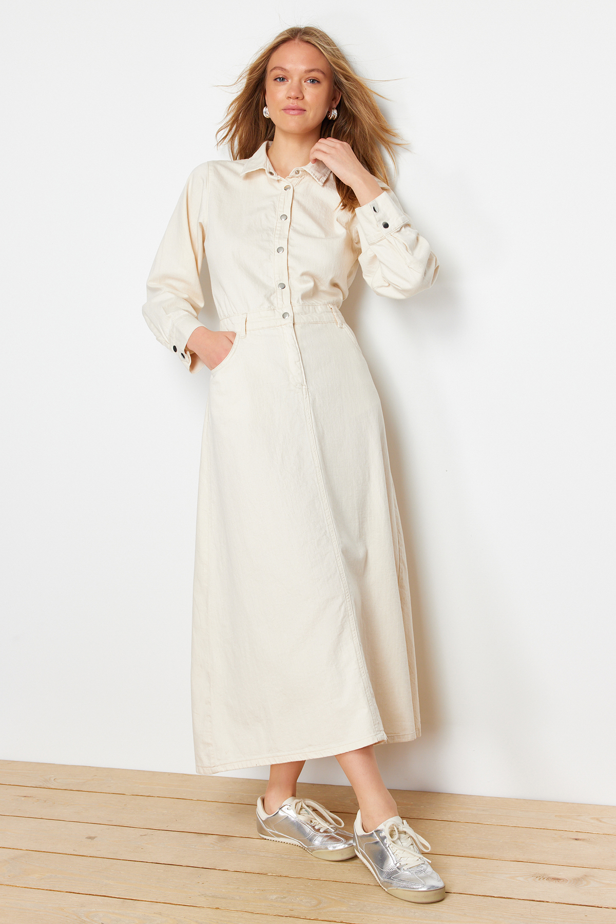 Trendyol Ecru Plain Shirt Dress Rigid Maxi Denim Modest Dress