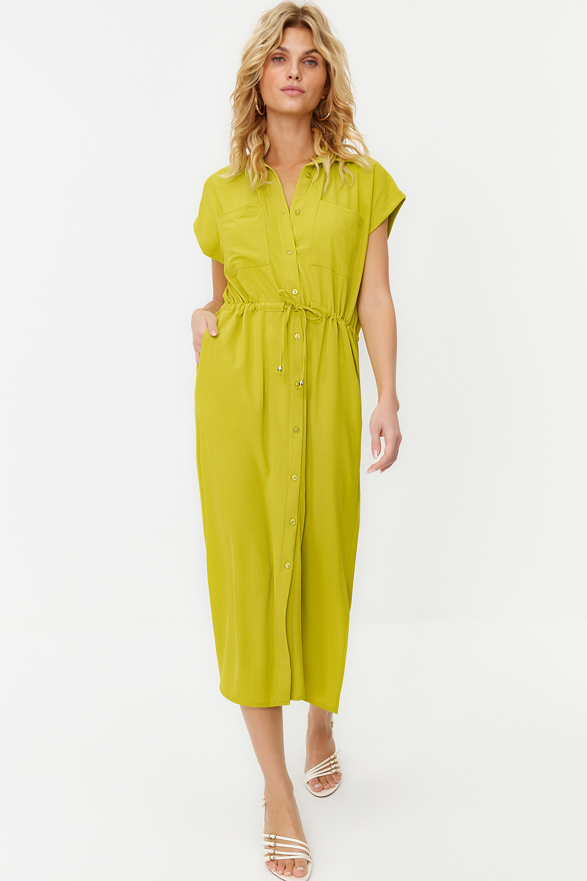 Trendyol Green Gathered Waist Pocket Detailed Aerobin Midi Woven Dress