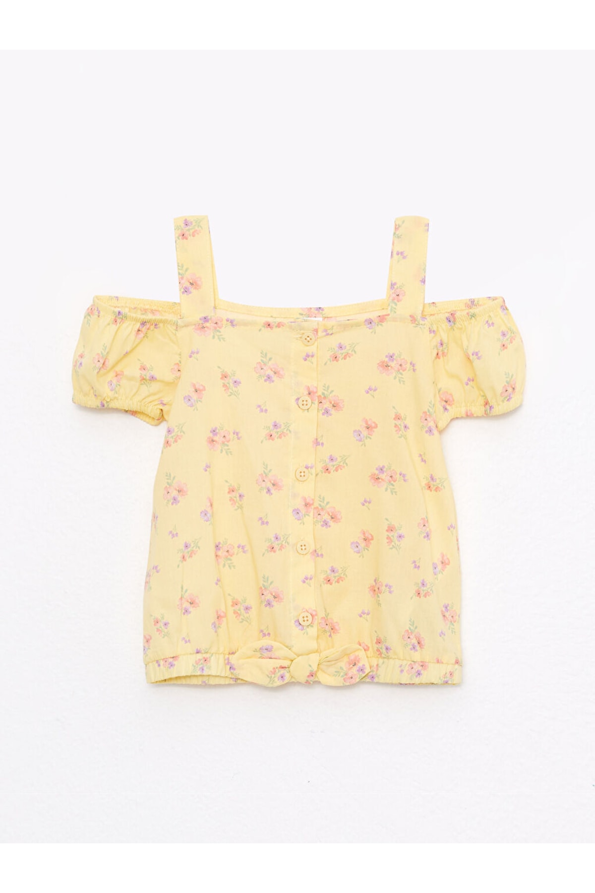 Levně LC Waikiki Yellow Boat Collar Short Sleeved Printed Cotton Shirt for Baby Girl