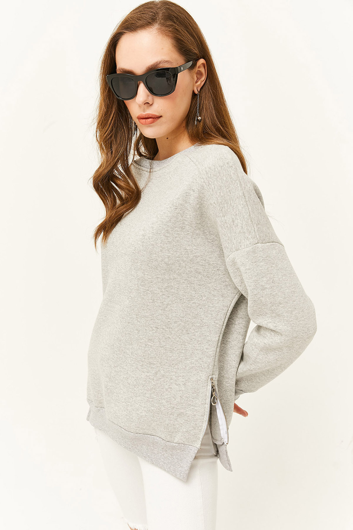 Levně Olalook Women's Gray Side Zipper Detail Fleece Thick Sweatshirt