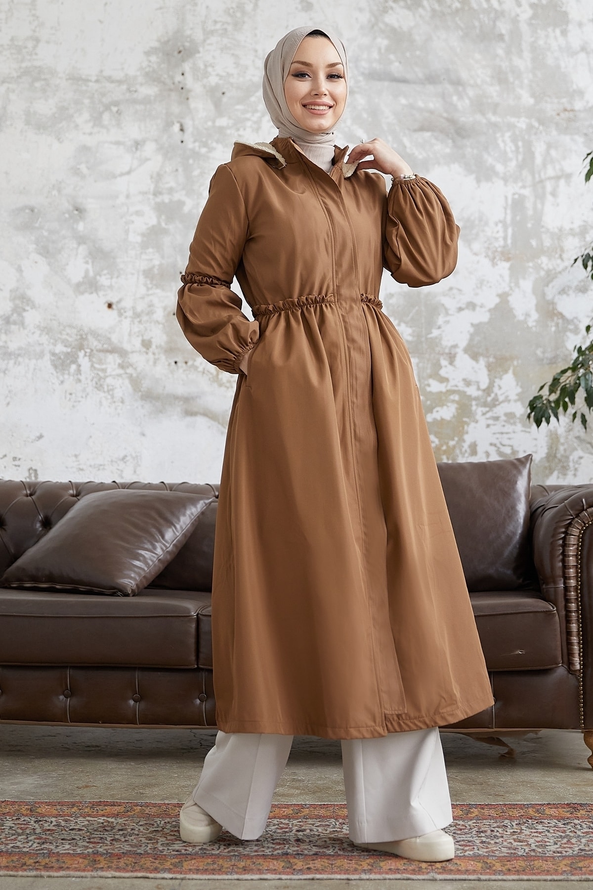 InStyle Balloon Sleeve Gathered Coat - Brown