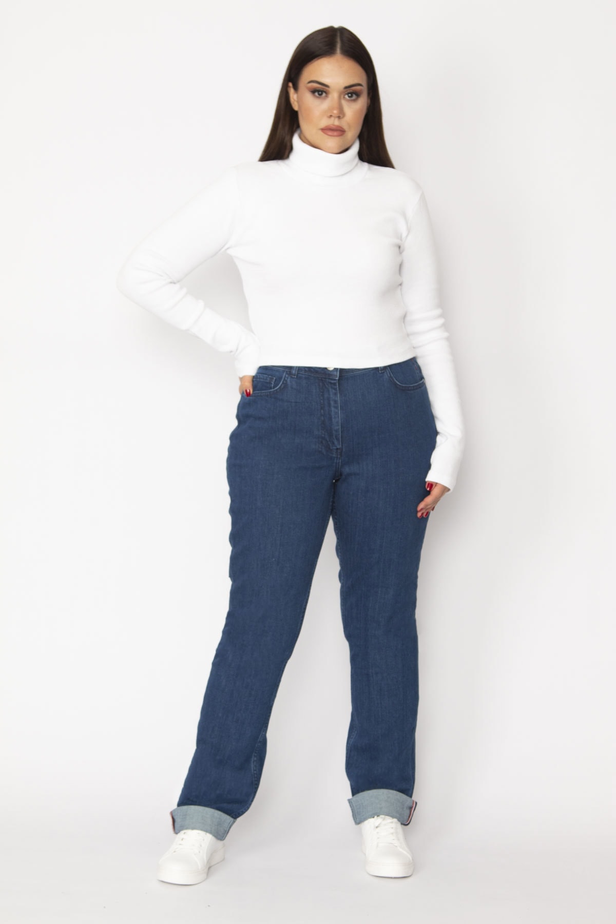 Levně Şans Women's Plus Size Navy Blue High Waist 5 Pocket Lycra Jeans Pants