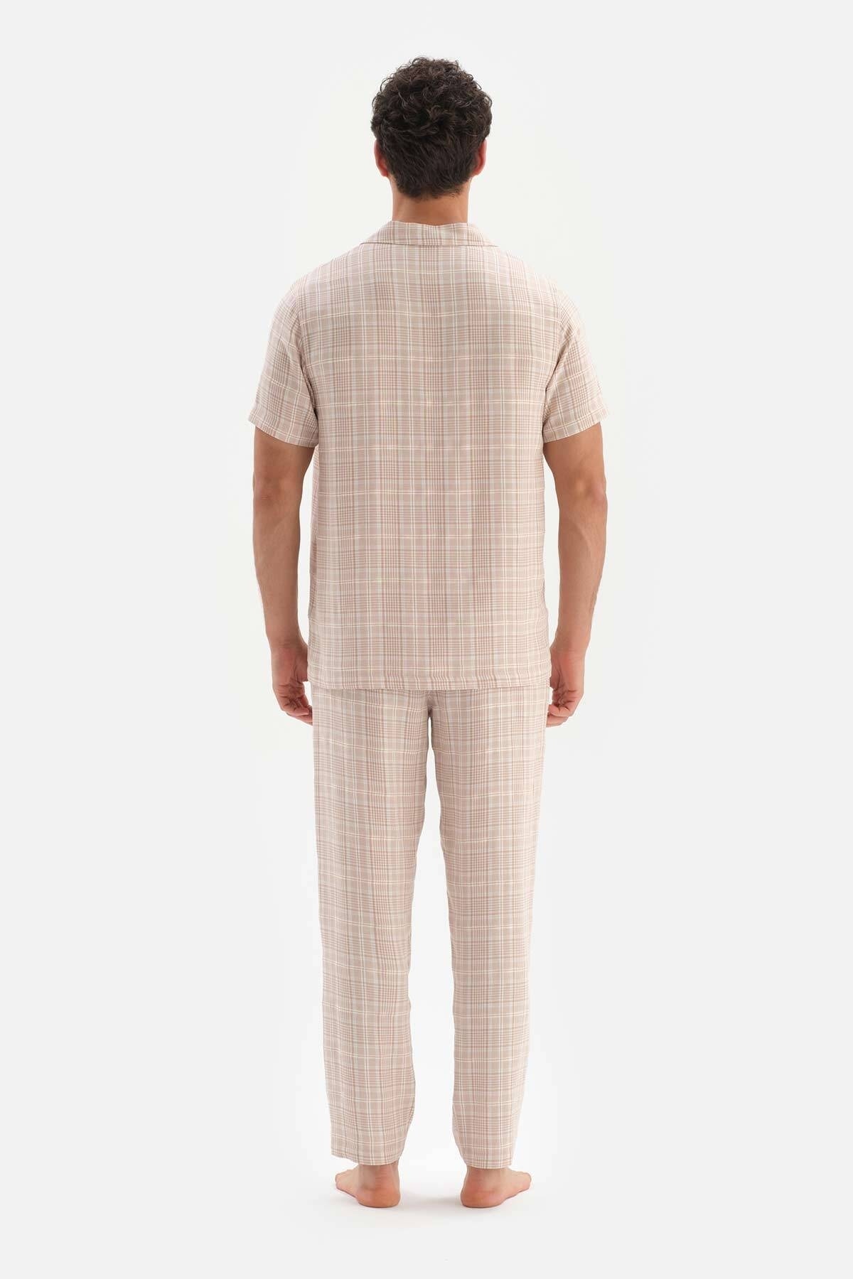 Levně Dagi Beige Shirt Collar Checked Woven Pajamas Set