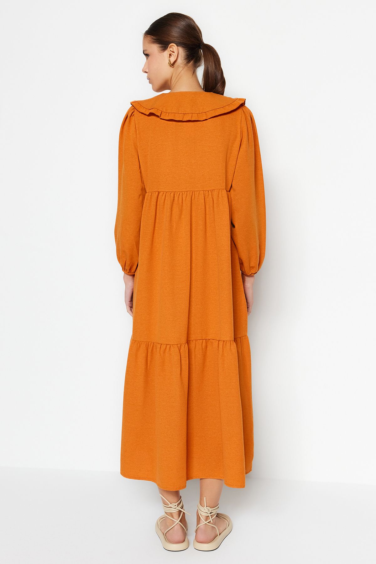 Trendyol Cinnamon Embroidery Detailed Linen Look Woven Dress