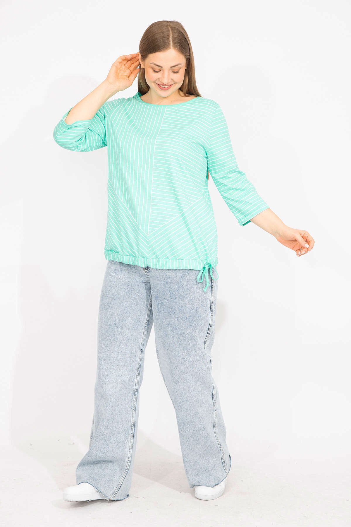 Levně Şans Women's Green Plus Size Cotton Fabric Stripe Combine Blouse