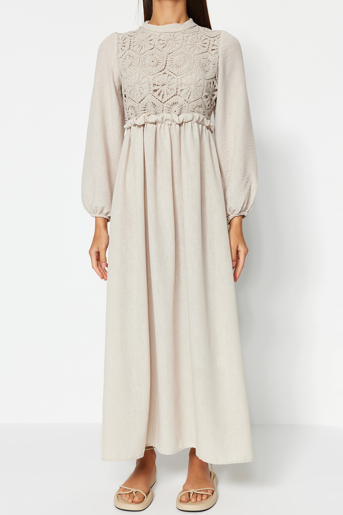 Trendyol Stone Guipure/Scallop Detailed Woven Dress