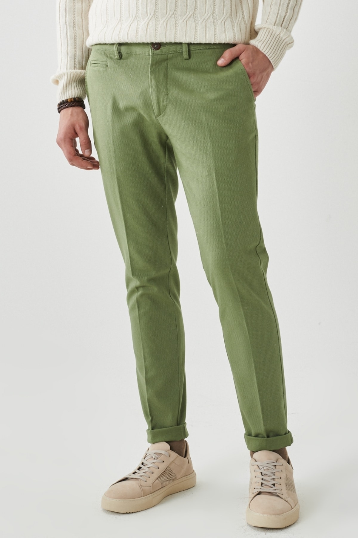ALTINYILDIZ CLASSICS Men's Green Slim Fit Slim Fit Dobby Side Pocket Casual Trousers