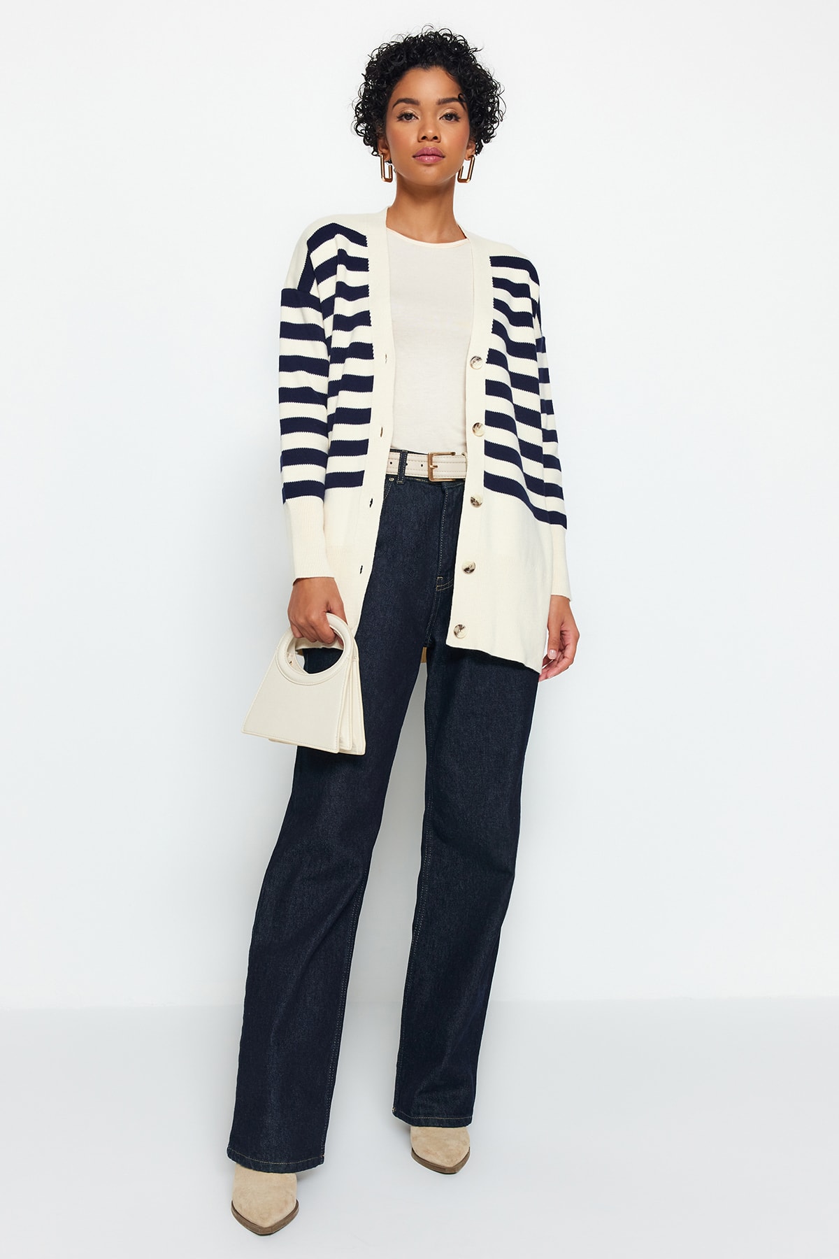 Trendyol Stone Navy Blue V Neck Striped Knitwear Cardigan
