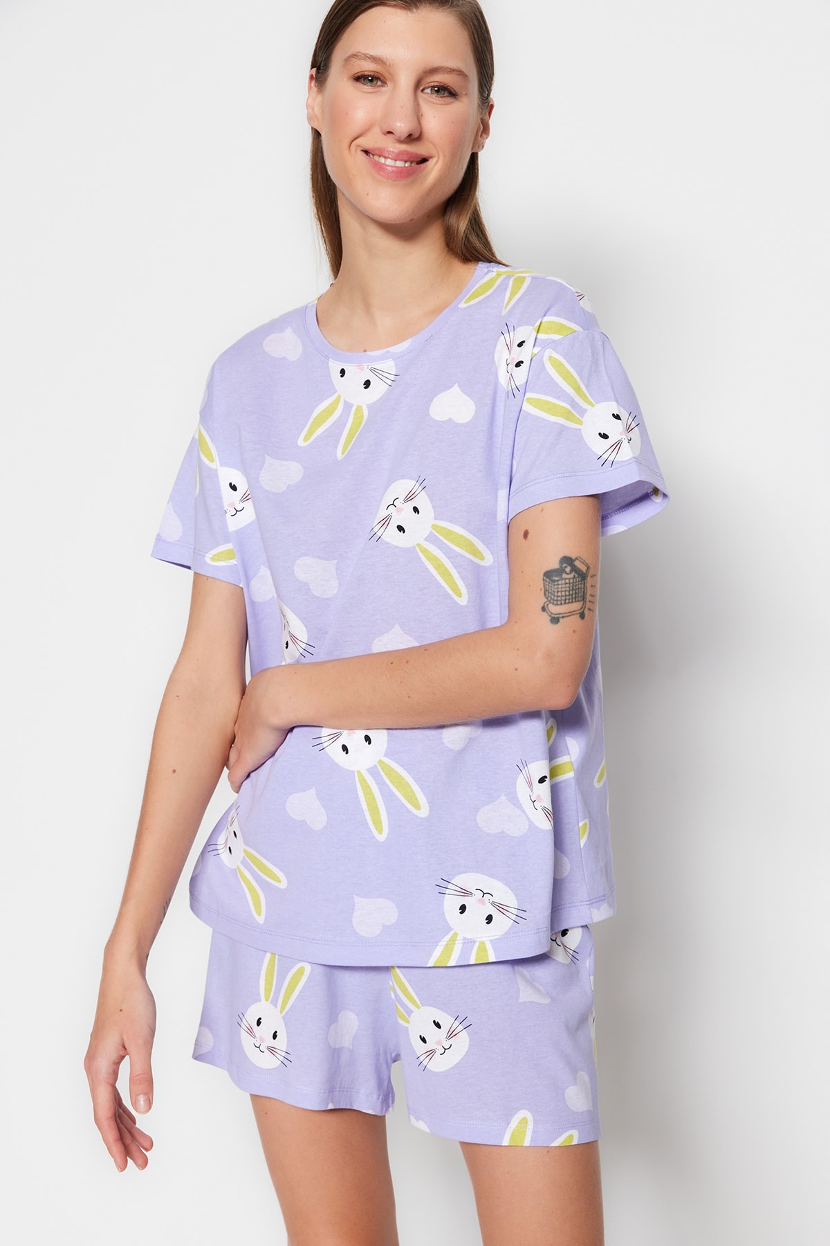 Trendyol Lilac 100% Cotton Heart Rabbit Printed Tshirt-Shorts Knitted Pajama Set