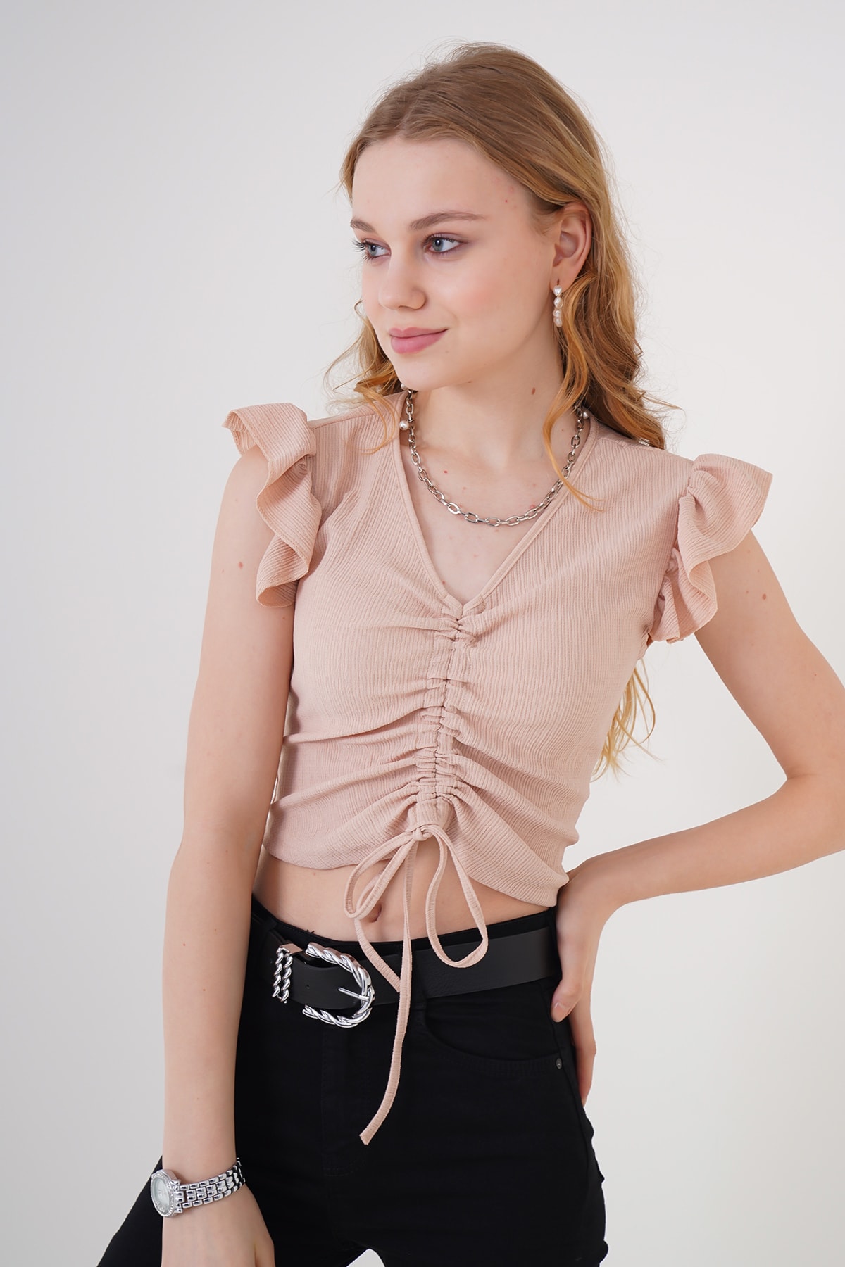 Bigdart 0423 Crop Knitted Blouse - Biscuit