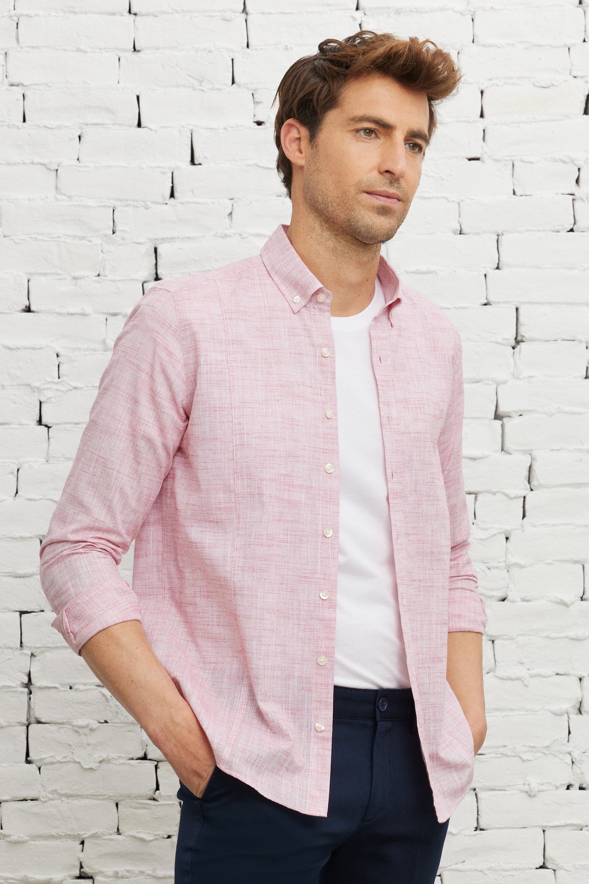 AC&Co / Altınyıldız Classics Men's Red Slim Fit Slim Fit Buttoned Collar Linen Look 100% Cotton Flamed Shirt