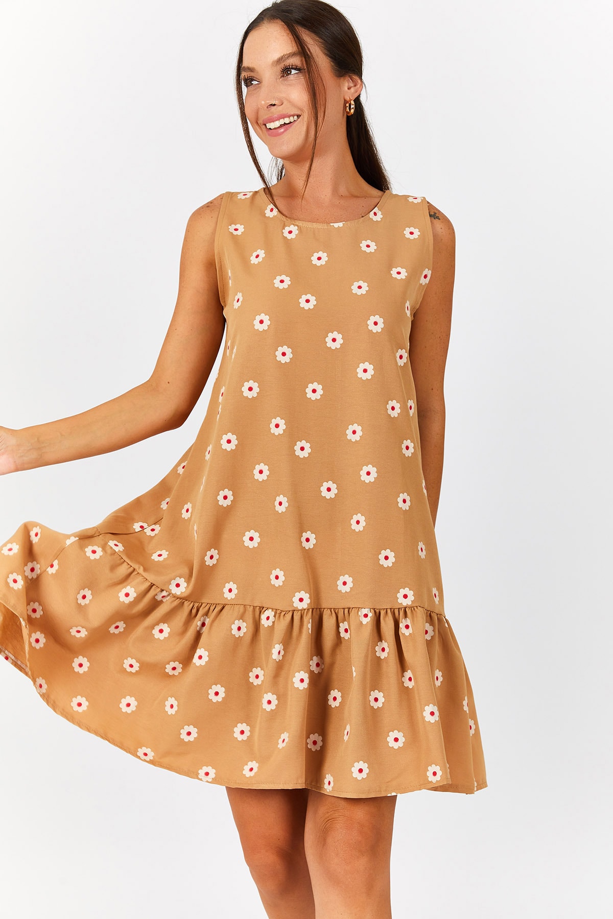 armonika Women's Beige Daisy Pattern Sleeveless Skirt with Frills Dress
