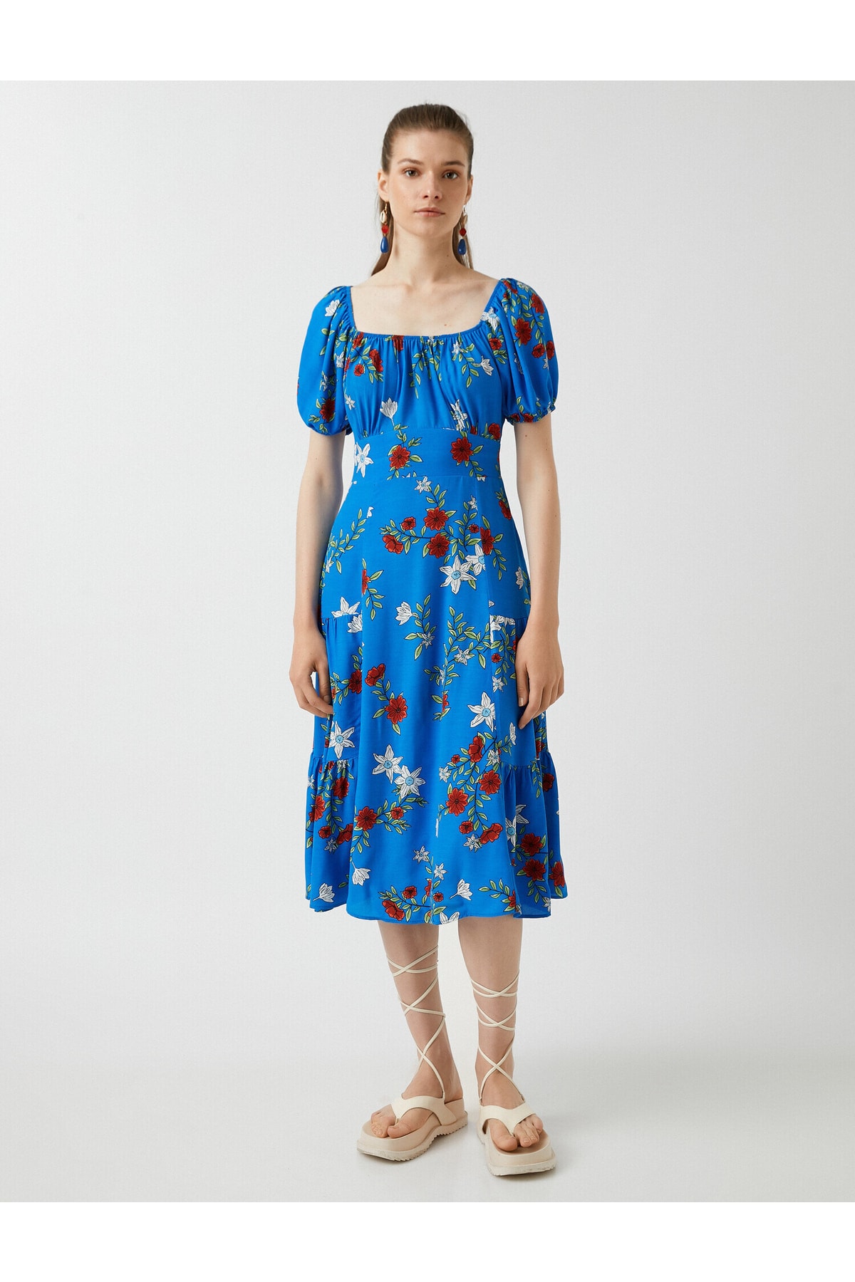 Koton Square Neckline Short Sleeve Midi Length Rochie