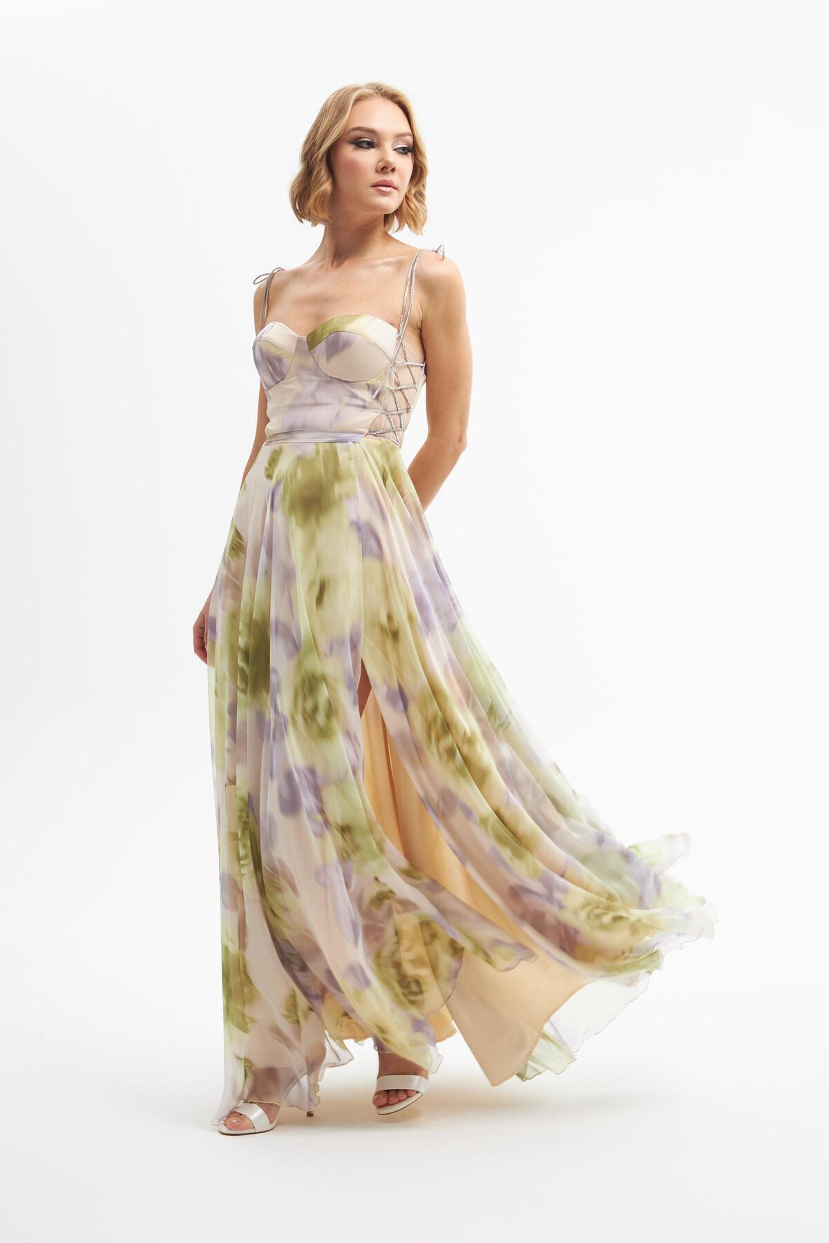 Carmen Pistachio Green Printed Slit Long Evening Dress