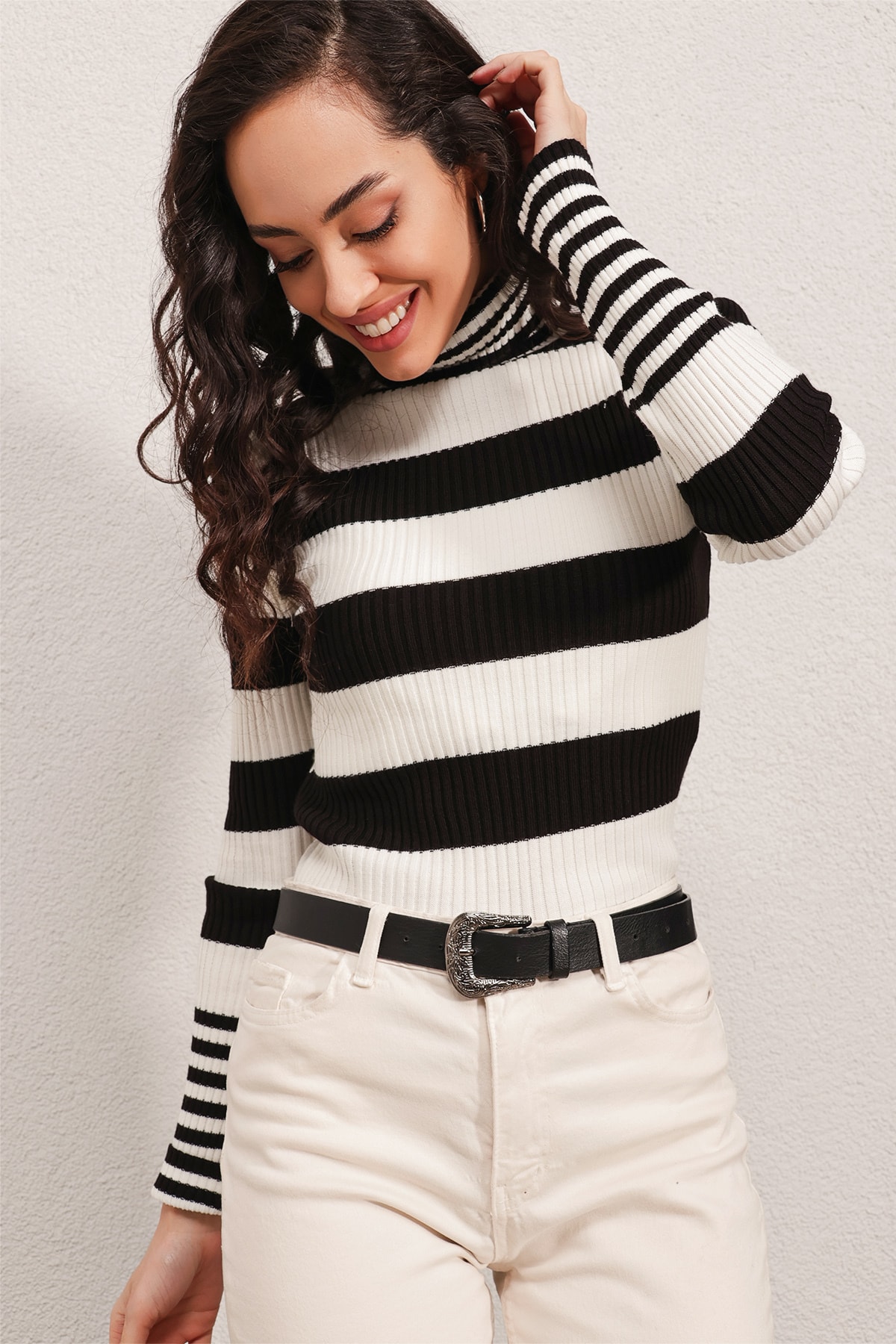 Bigdart 15812 Turtleneck Striped Sweater - Black