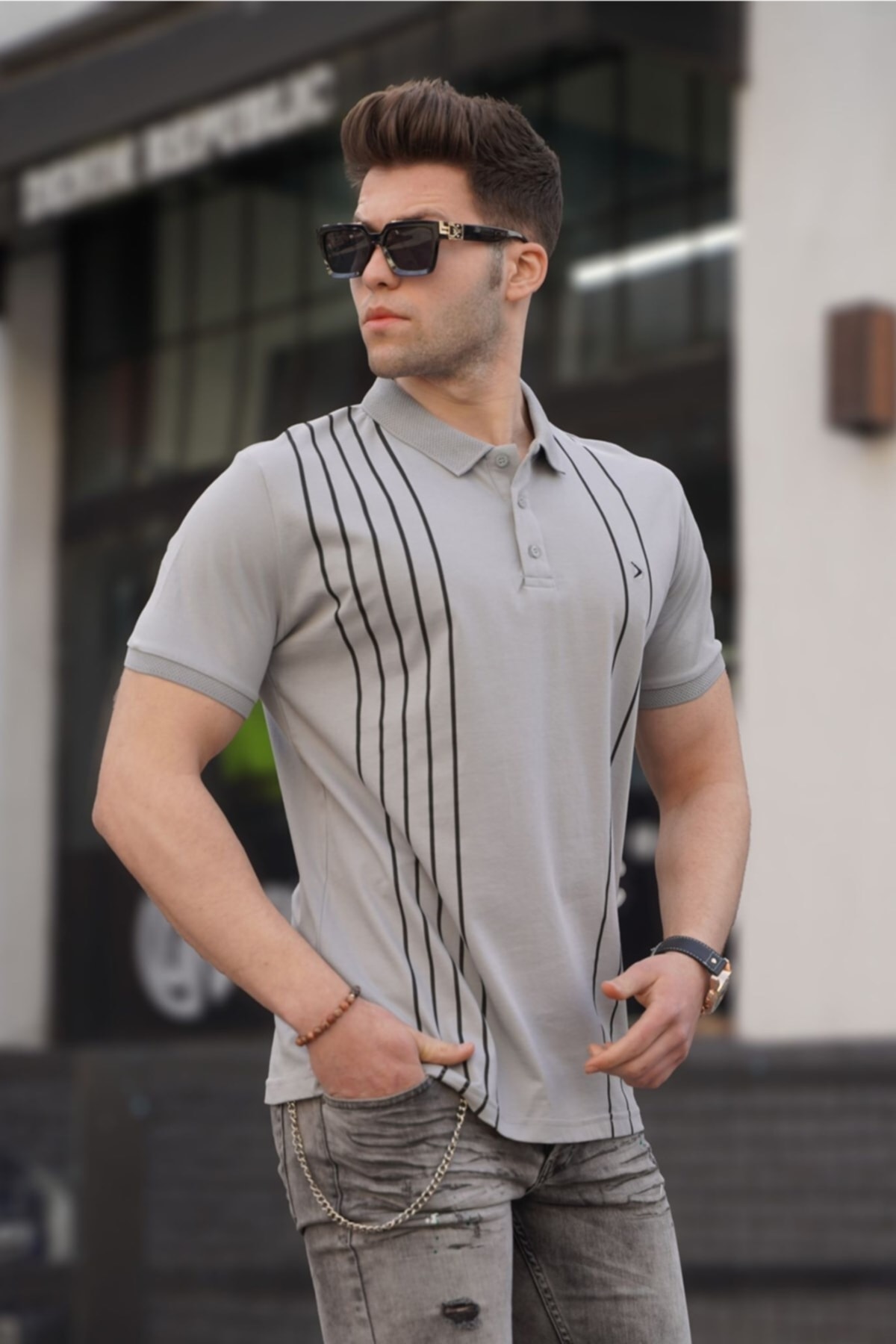 Levně Madmext Men's Polo Collar Gray Painted T-Shirt 5822