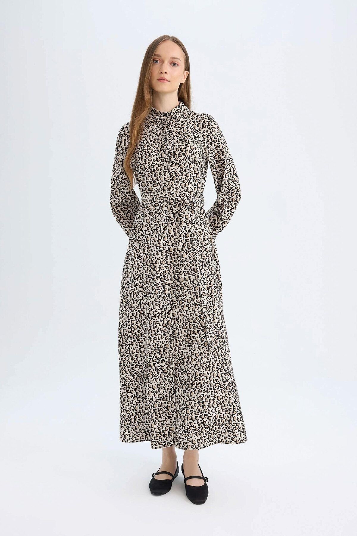 DEFACTO Shirt Collar Leopard Print Long Sleeve Maxi Dress