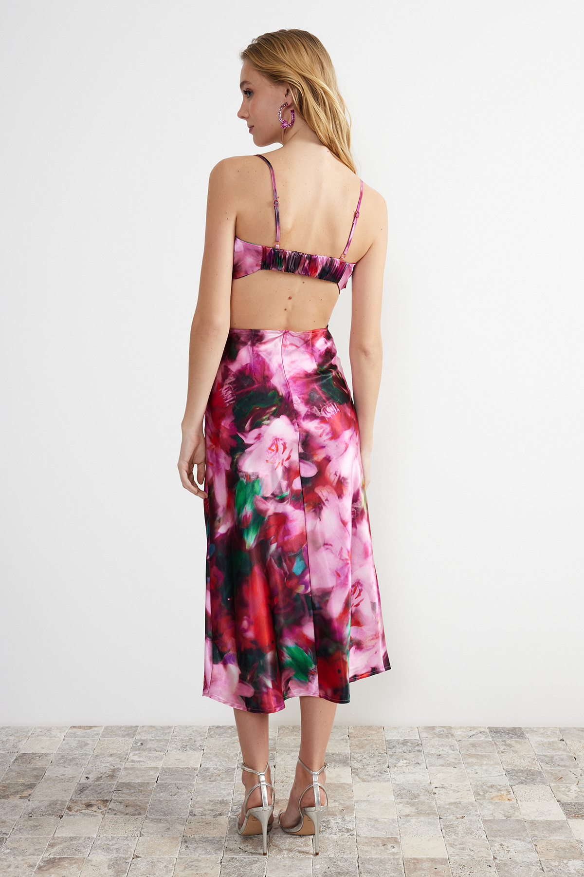 Trendyol Pink-Multi-Colored Floral Patterned Woven Satin Elegant Evening Dress