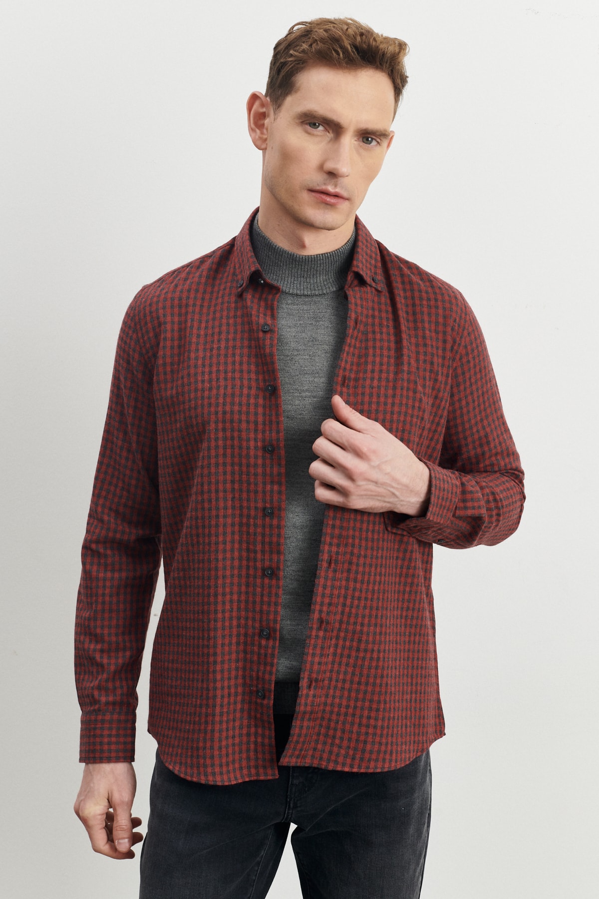 ALTINYILDIZ CLASSICS Men's Burgundy Anthracite Slim Fit Slim Fit Buttoned Collar Flannel Lumberjack Shirt