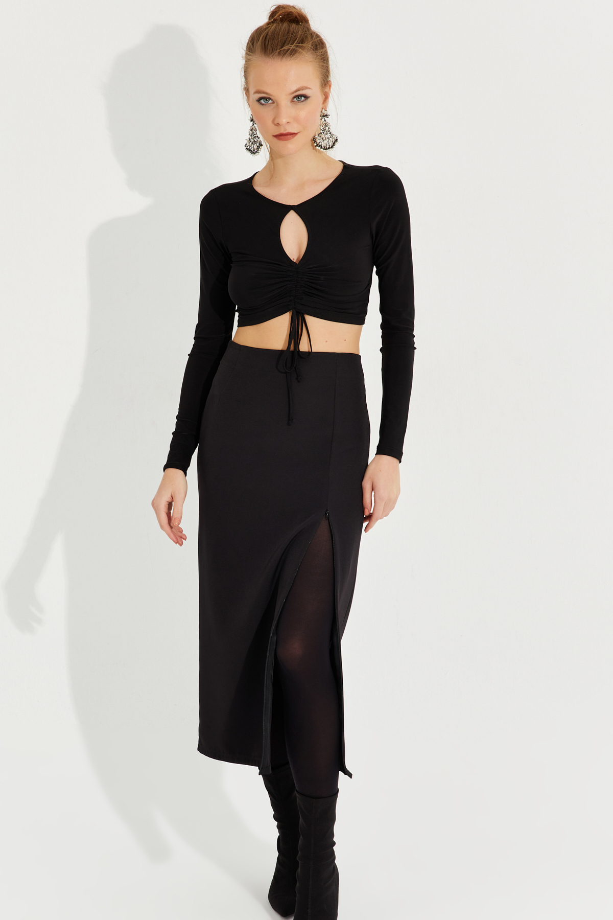 Cool & Sexy Women's Black Slit Zippered Midi Skirt