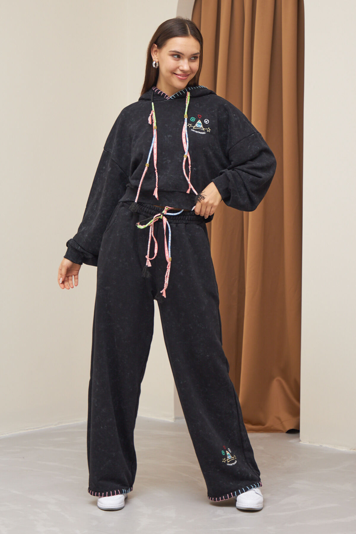 Laluvia Anthracite Embroidered Tassel Detailed Tracksuit Set