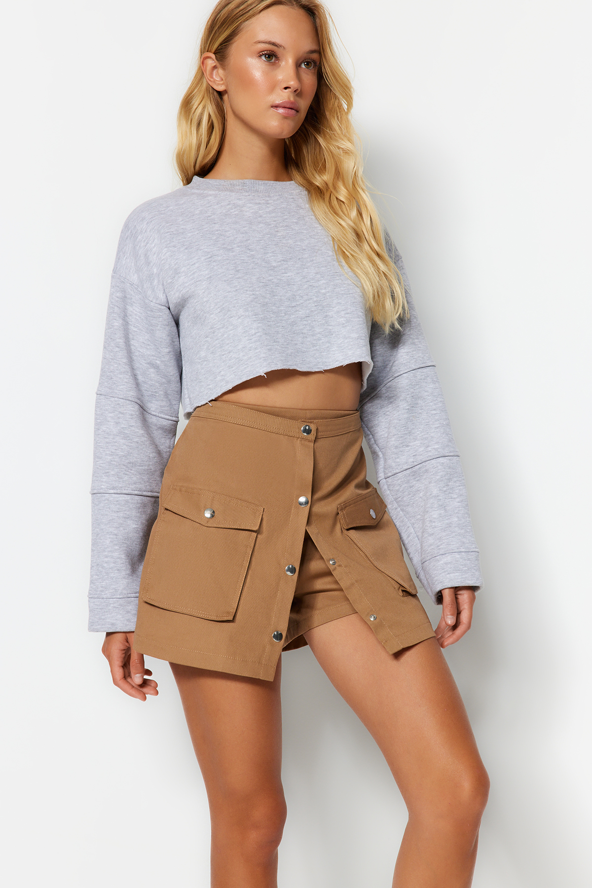 Levně Trendyol Camel Pocket Buttoned Woven Short Skirt