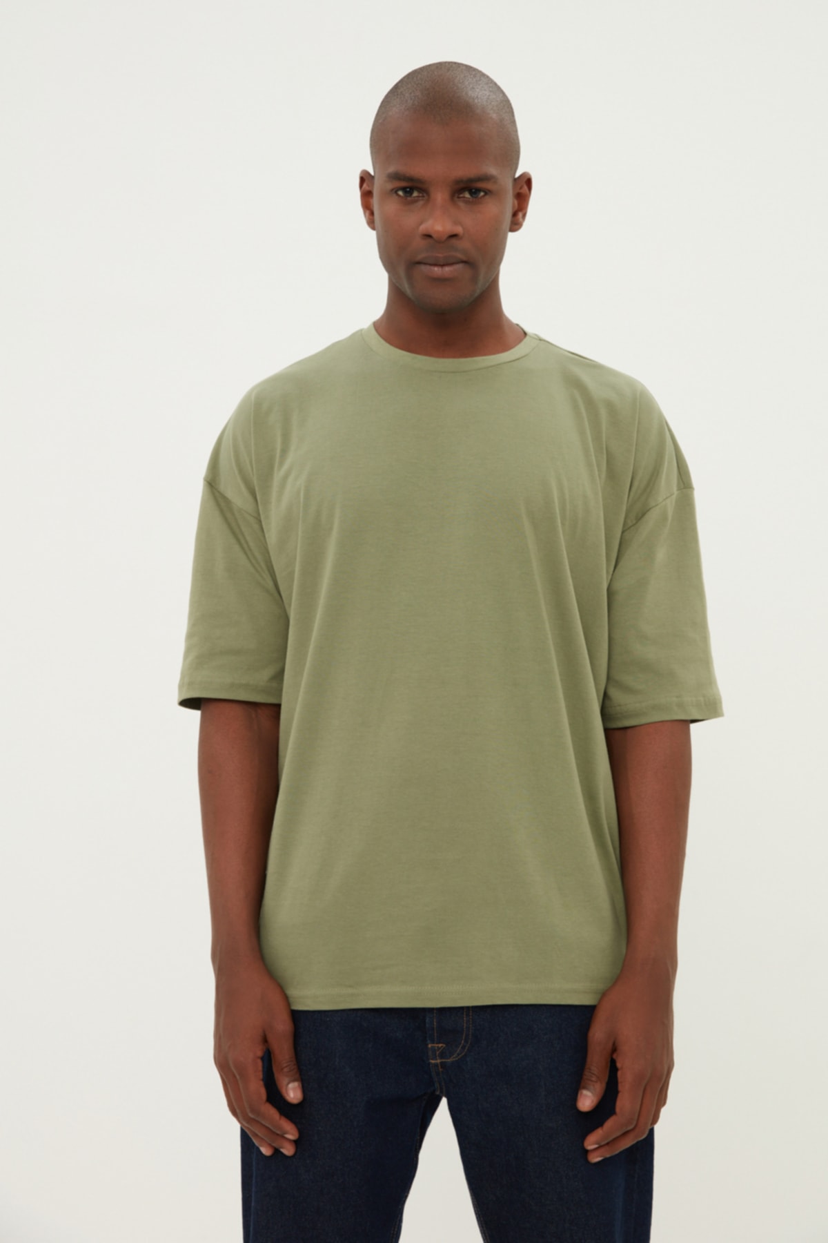 Trendyol Khaki Men's Basic 100% Cotton Crew Neck Oversized Short Sleeved T-Shirt