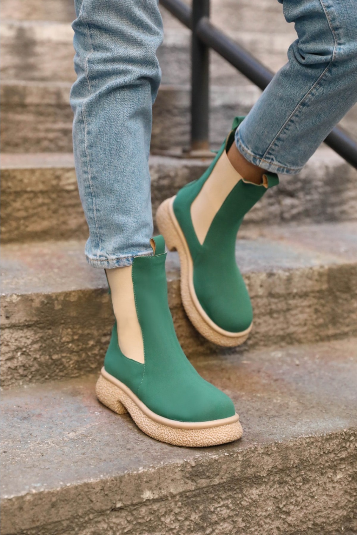 Levně Madamra Green Women's Suede Boots with Rubber Detail Flat sole.