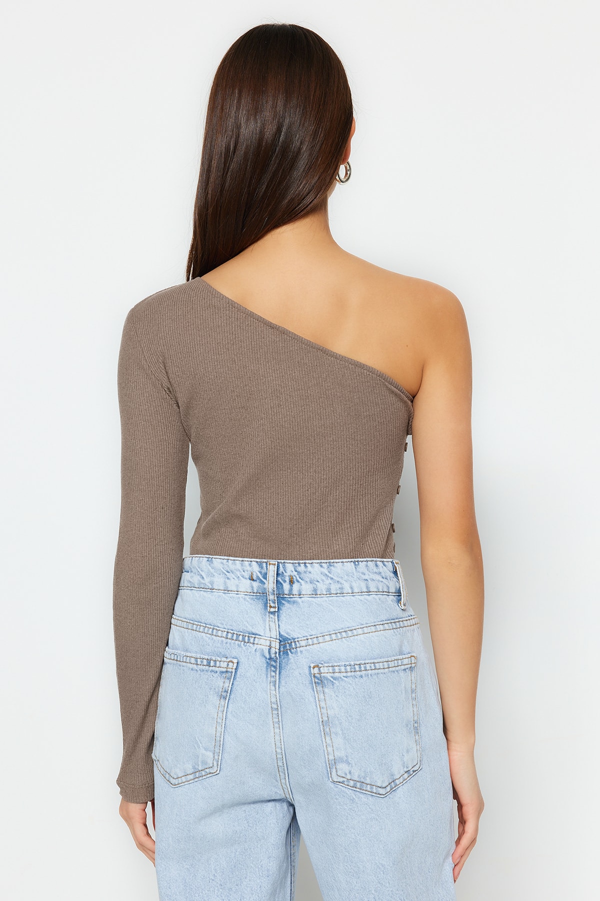 Trendyol Mink Cut Out Button Detailed Ribbed Flexible Snaps Knitted Body