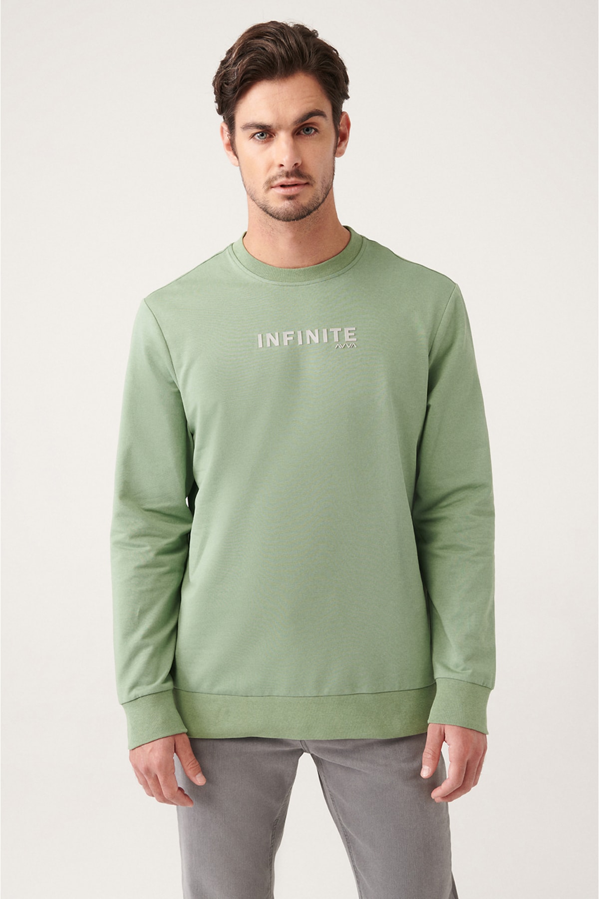 Levně Avva Men's Aqua Green Crew Neck Printed Cotton Regular Fit Sweatshirt