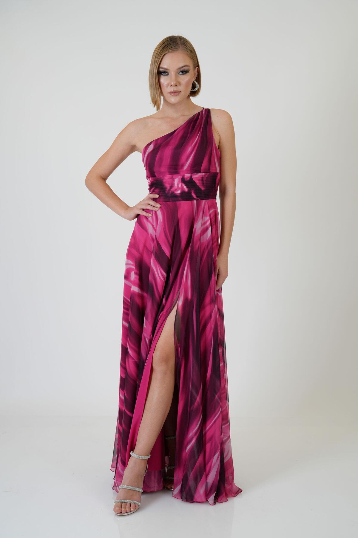 Carmen Fuchsia Single Sleeve Slit Printed Evening Dress