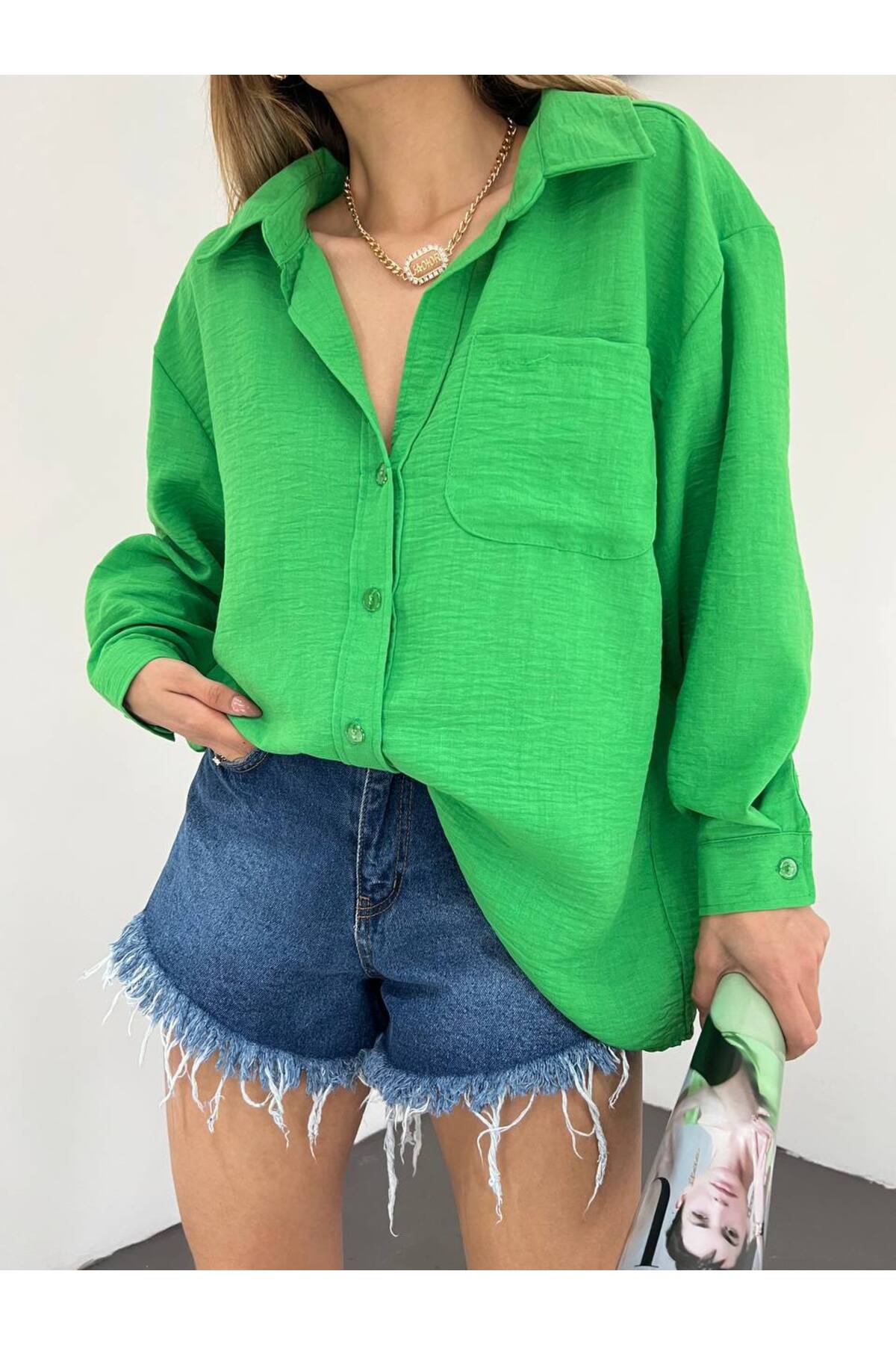 BİKELİFE Women's Green Single Pocket Oversize Linen Shirt