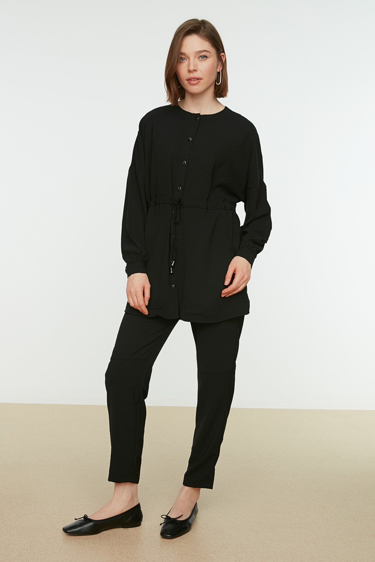 Trendyol Tie Waist Shirt-Pants Black Woven Suit