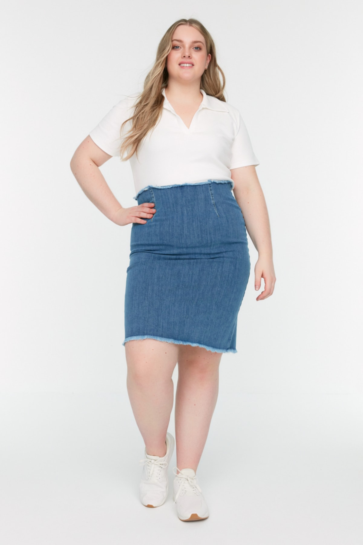 Trendyol Curve Blue High Waist Slim Denim Skirt