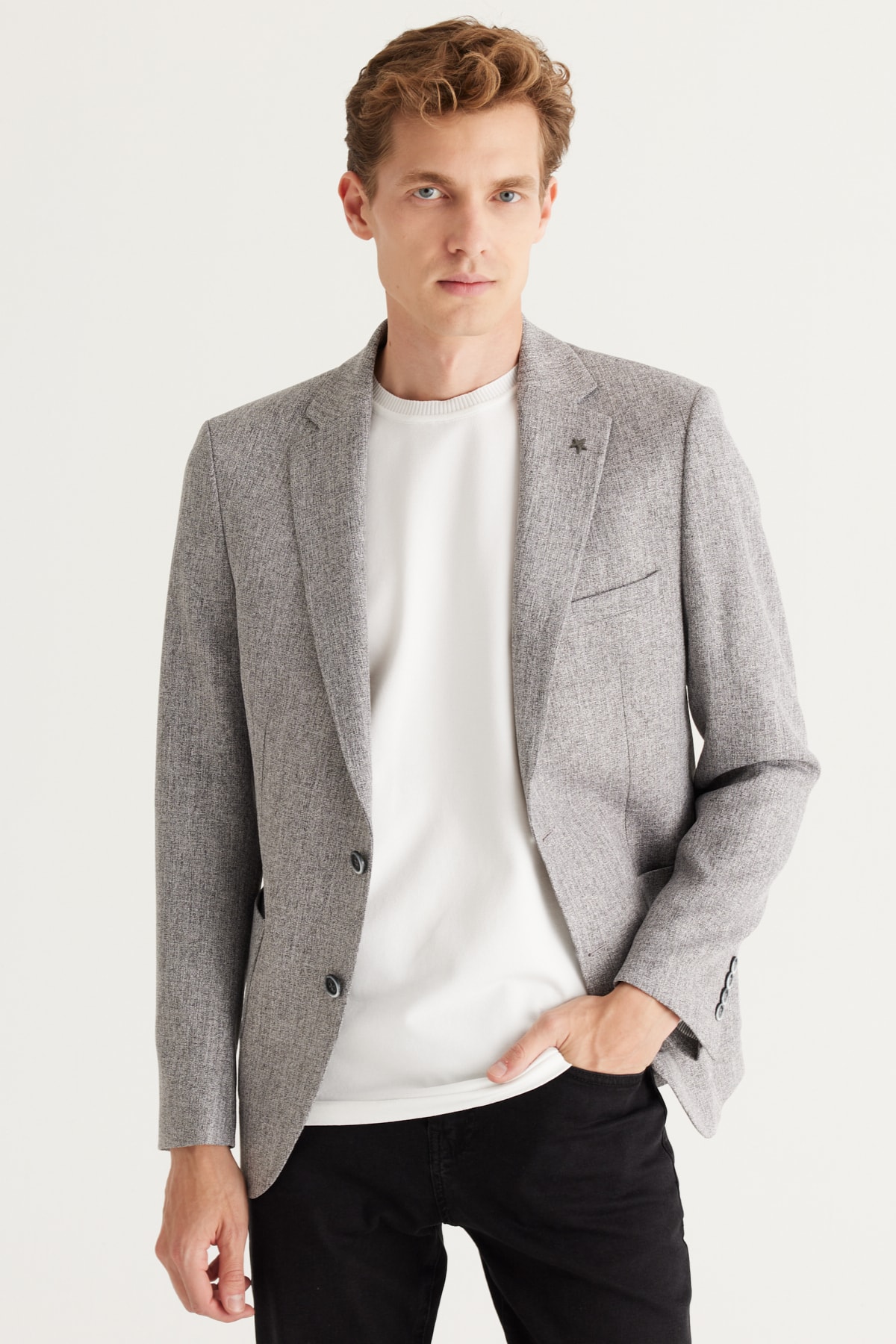 ALTINYILDIZ CLASSICS Men's Gray Slim Fit Slim Fit Mono Collar Patterned Jacket