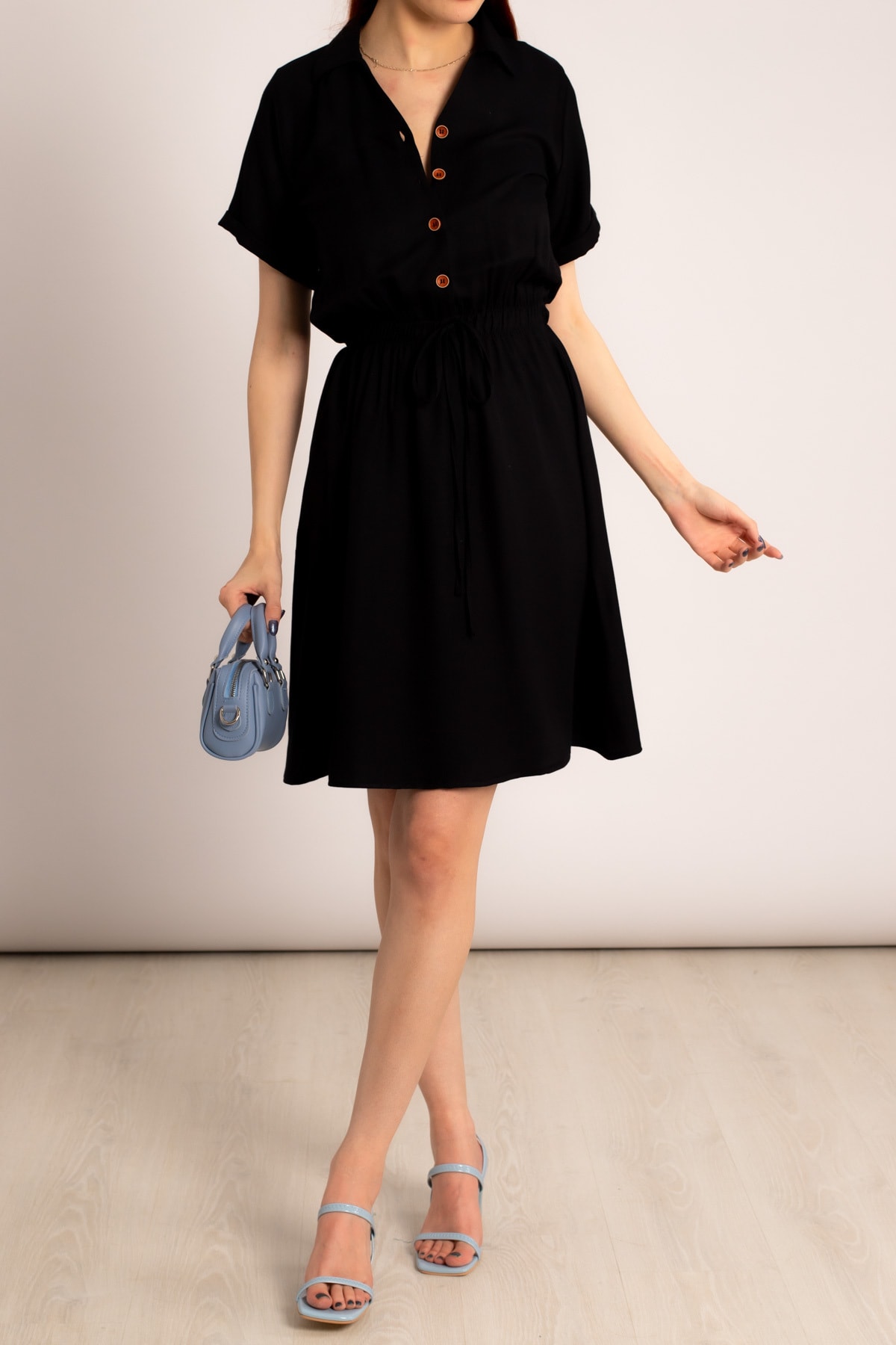 armonika Women's Black Elastic Waist Short Sleeve Shirt Dress