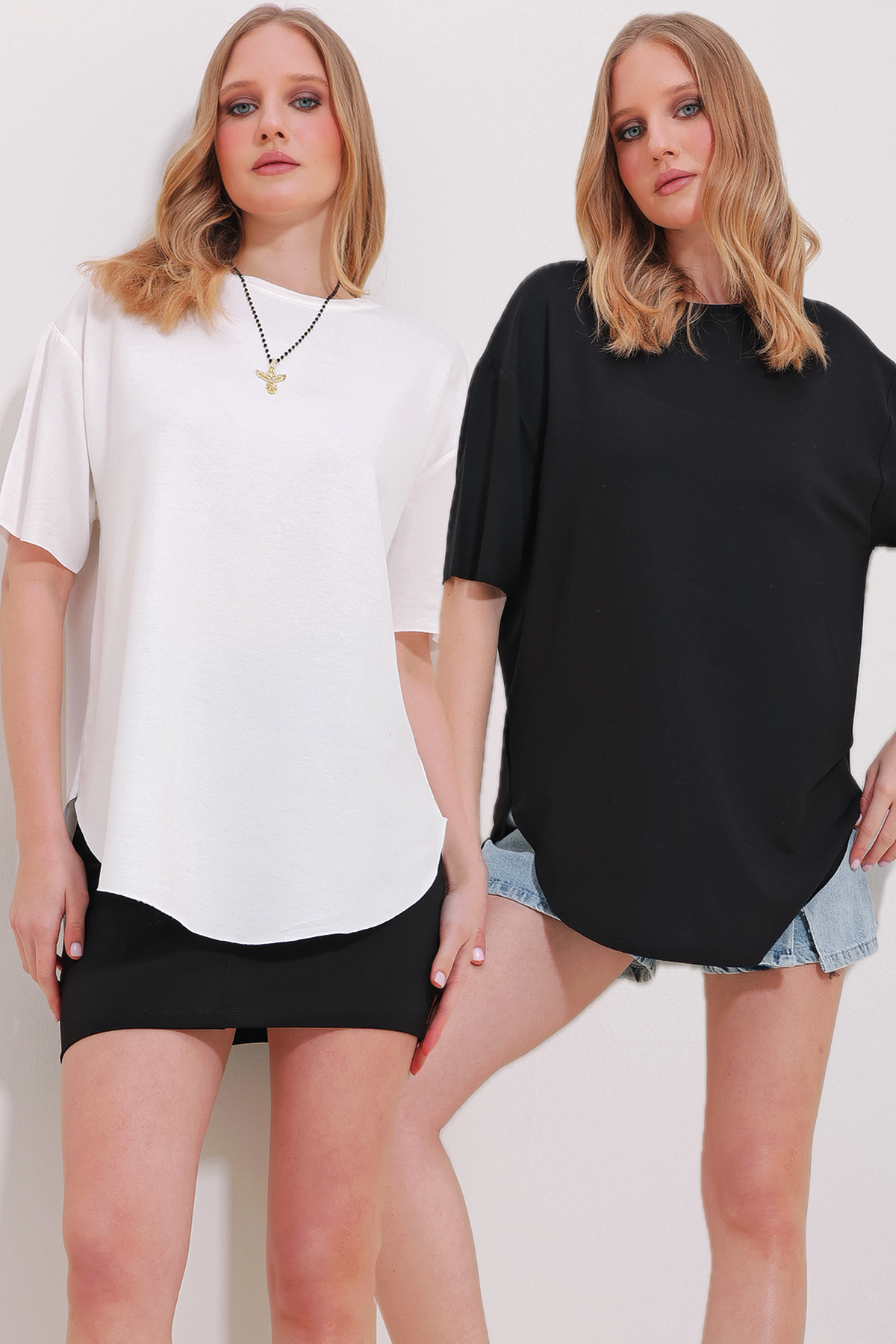 Trend Alaçatı Stili Women's Black and White Crew Neck 2-Pack Oval Cut Modal T-Shirt