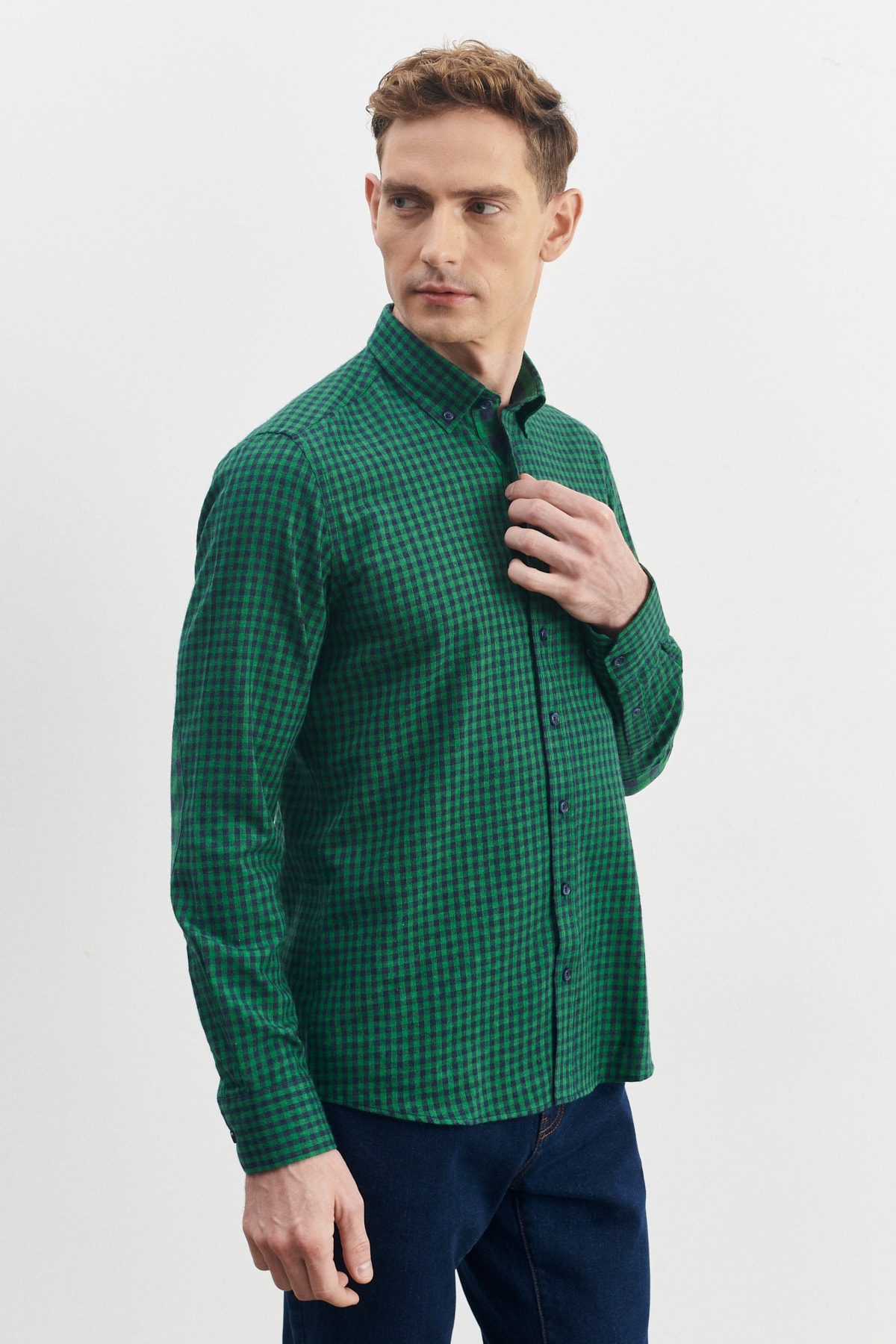 Levně ALTINYILDIZ CLASSICS Men's Green-Navy Blue Slim Fit Slim Fit Buttoned Collar Gingham Flannel Lumberjack Shirt